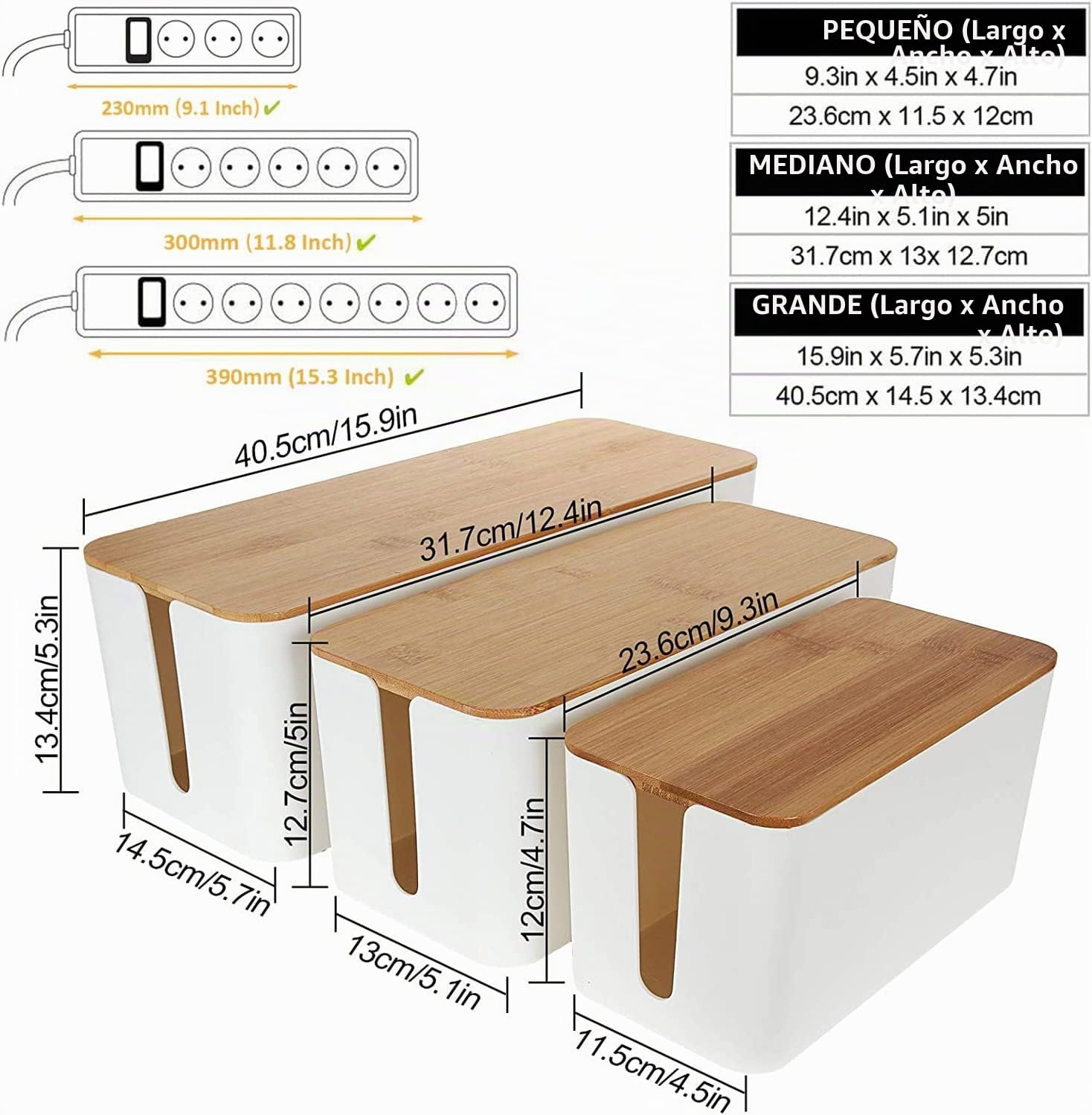 SENENQU 3 Piezas Caja Organizadora Cables con Tapa de Madera, Caja para Cables Blanca con Bridas Incluidas, Tres Tamaños para Regletas, Router, Escritorio, Salón y Oficina
