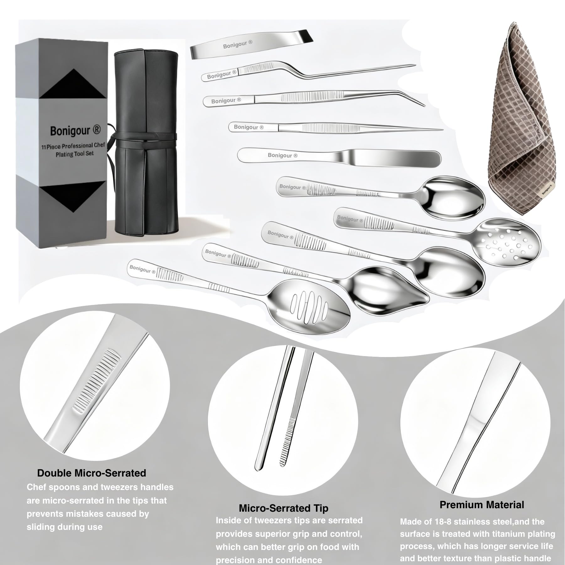 Set da cucina con 11 utensili professionali per placcatura, utensili da cucina per placcatura, modernista, in acciaio inox, nero (argento)