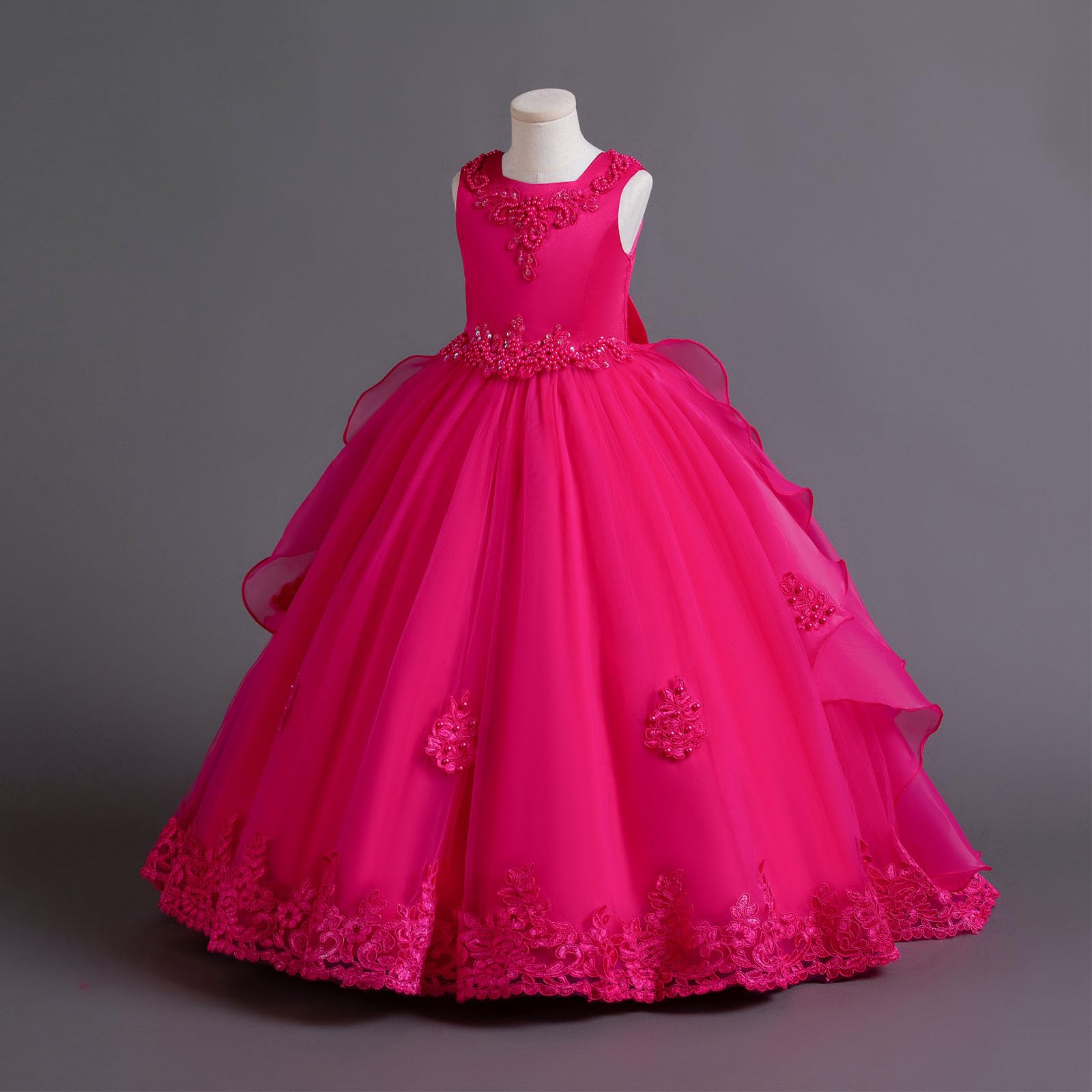 Vestito da principessa in tulle a forma di fiore, per damigella d'onore, comunione, festa di compleanno, concorso, maxi abito da ballo per bambini