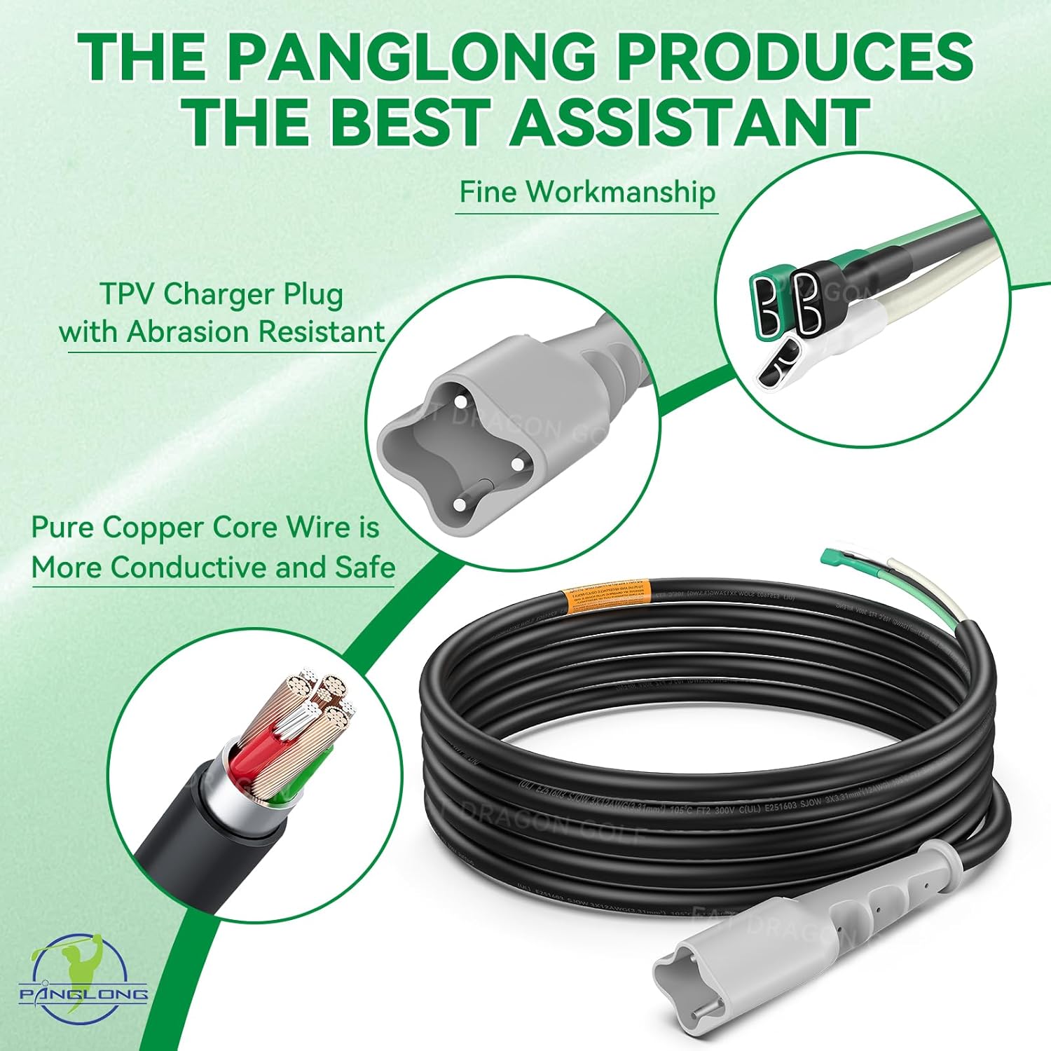 Panglong 48V Golf Cart Charger Cord, Fits Yamaha 2007-2016 G29/DRIVE/YDRE Electric Golf Cart With 3-Pin Plug Battery Charger, 48V Golf Cart DC Charger Cord with Plug, UL 3*12AWG, OEM #JW9-82174-00-00