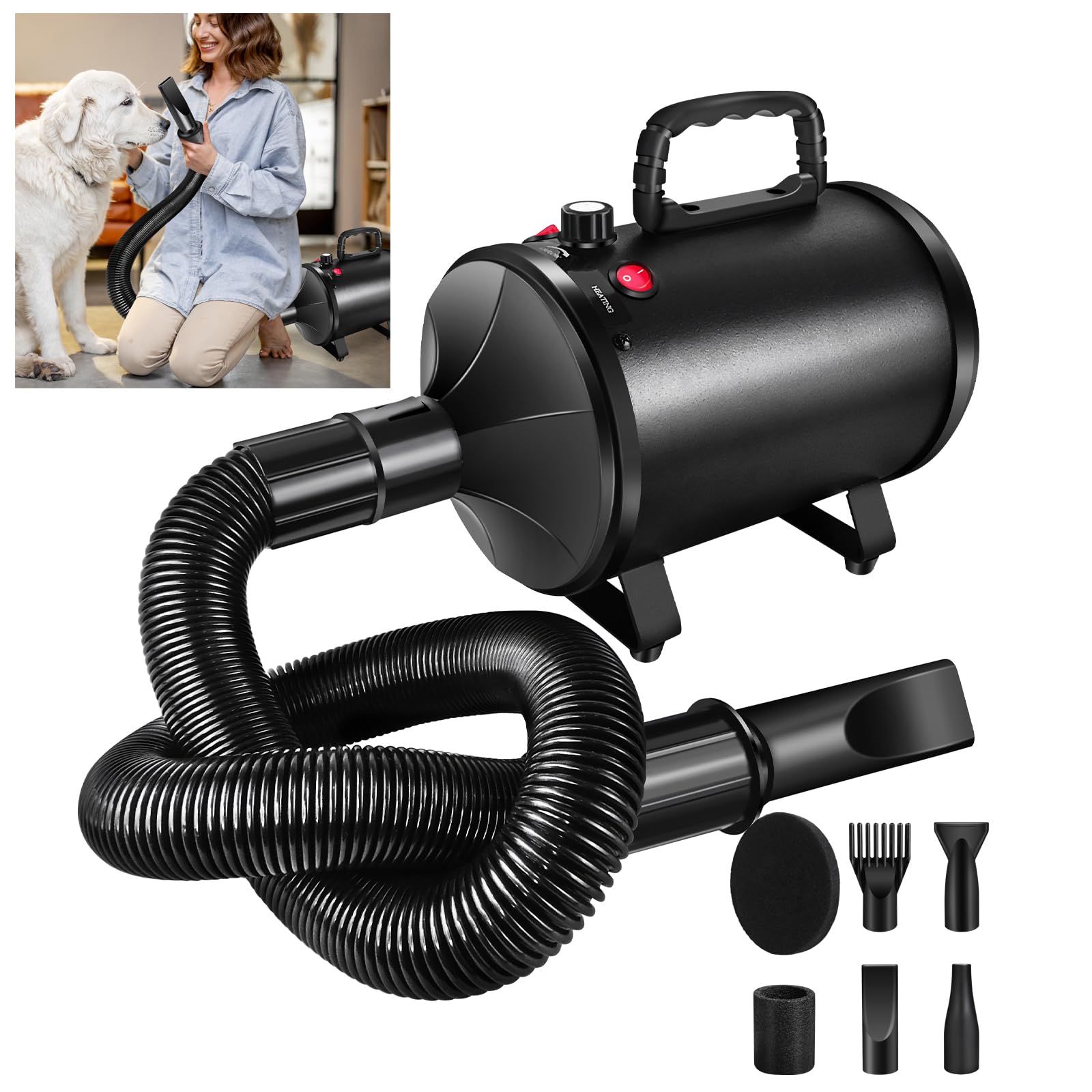 2800W Secador de pelo para mascotasSecador de pelo de bajo nivel de ruido, velocidad continua, temperatura ajustable, 2,5 m de manguera flexible con 4 boquillas