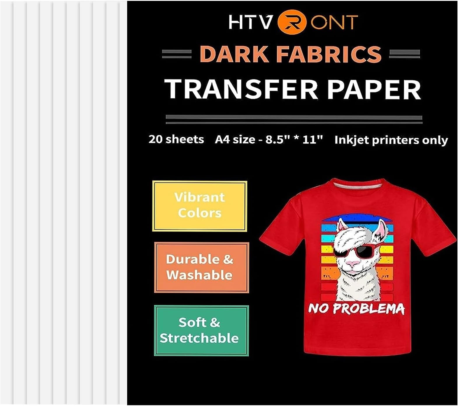 HTVRONT Heat Transfer Paper for Dark Fabric 20 Sheets, 8.5" X 11" Dark Fabric Transfer Paper, Vivid Color & Durable Iron on Transfer Paper for T Shirts