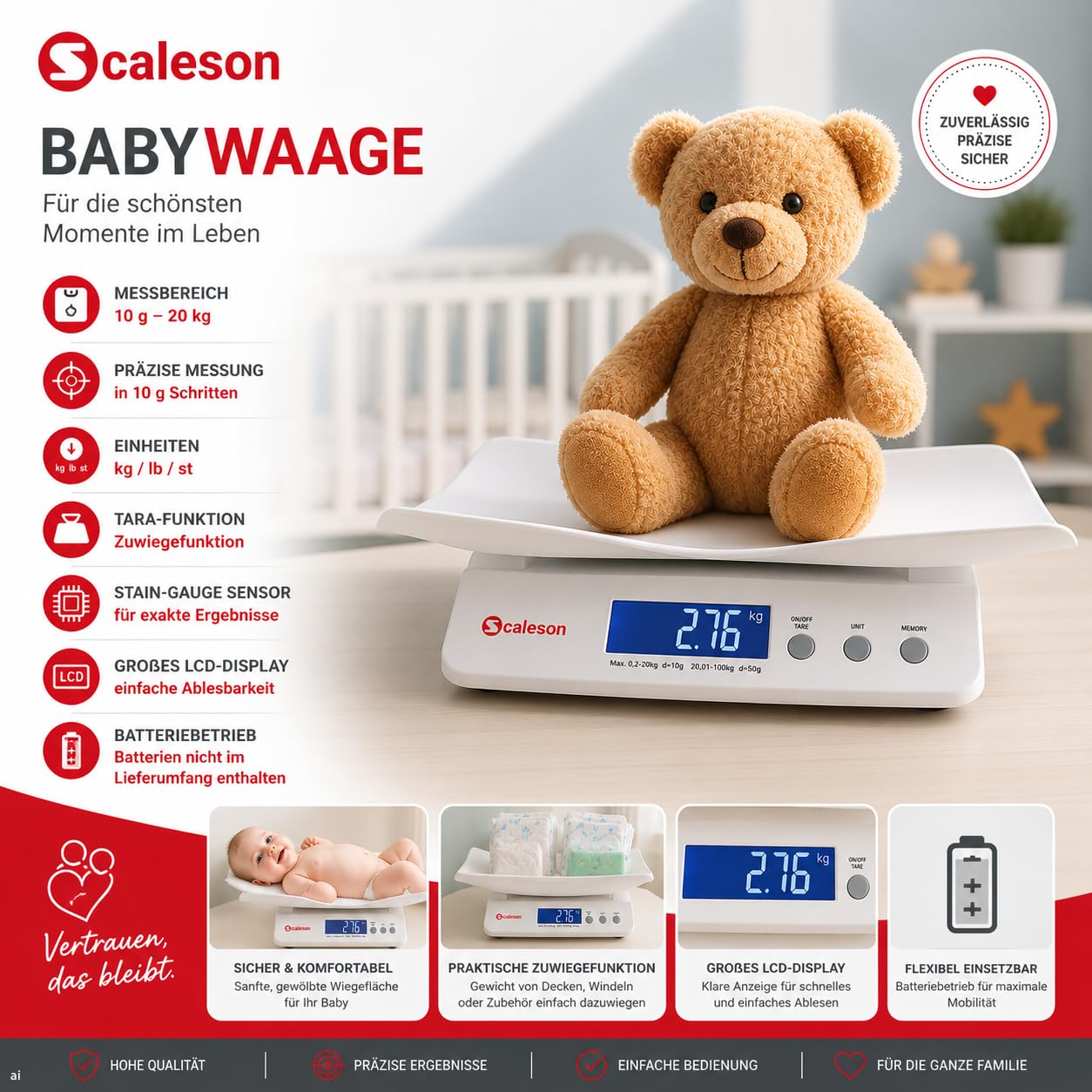 SCALESON S212 Bilancia Neonati Multifunzione & Digitale/Bilancia Bambini/Funzione Hold/Max. 100kg