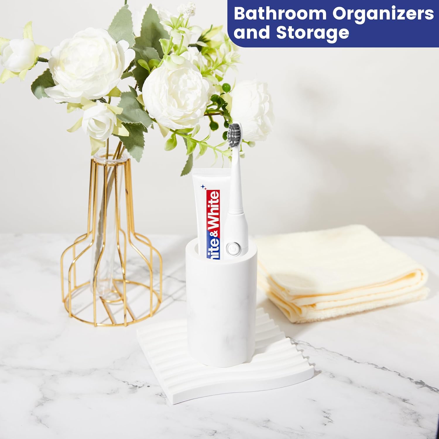 Diatomite Toothbrush Holders for Bathrooms, Electric Tooth Brush and Toothpaste Holder for Bathroom Countertop, Marble White Toothbrush Organizer Bathroom Accessories - Image 8