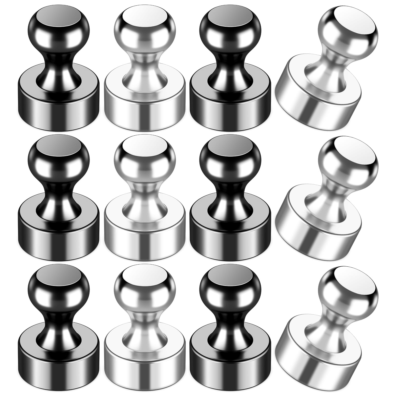 VNDUEEY 12 Pcs Fridge Magnets Refrigerator Magnets, Black-Silver Whiteboard Magnets, Magnetic Push Pins, Strong Metal Magnets for Locker, Office, School, Home