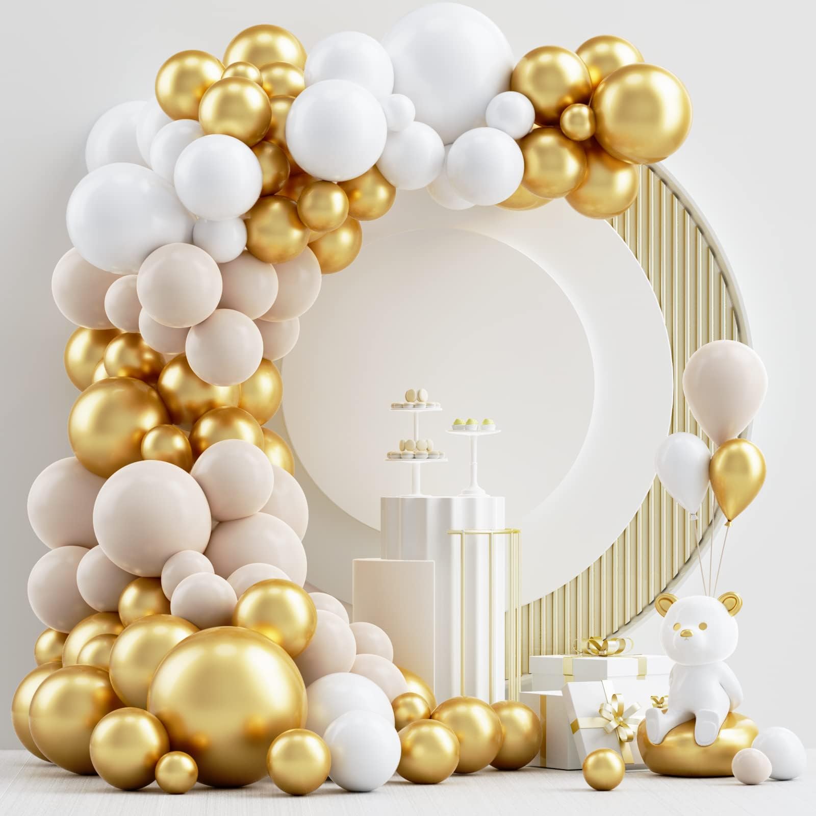 NISOCY124Pcs White Sand Gold Balloons Garland Arch Kit, 18In 12In 10In 5In White Nude Balloons with Metallic Gold Balloons for Engagement, Wedding, Birthday, Baby Shower, Party Decoration