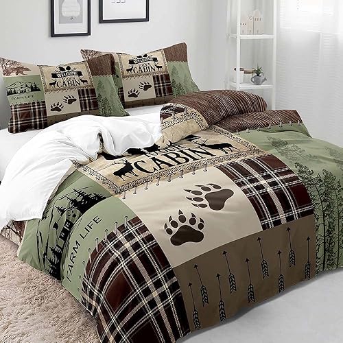 Miniatura 3 de LUVIVIHOME 3 piezas de ropa de cama rústica de cabaña, funda de edredón de ciervos de oso, ropa de cama de campo de granja, colcha de animales del