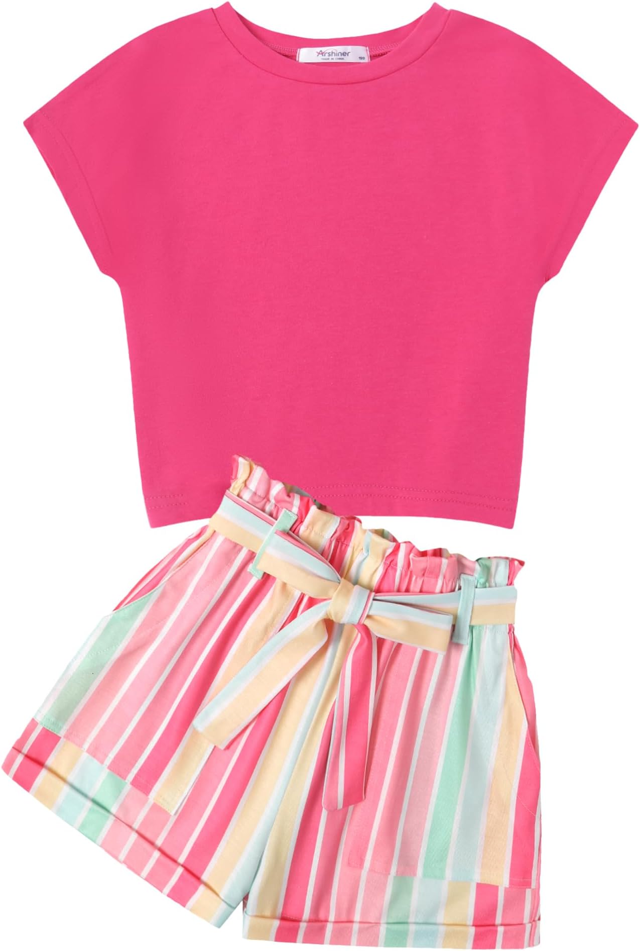 Girls 2 Piece Outfit Summer Drop Shoulder Batwing Sleeve Tops and Paperbag Waist Shorts Set Cute Clothing Size 6-14