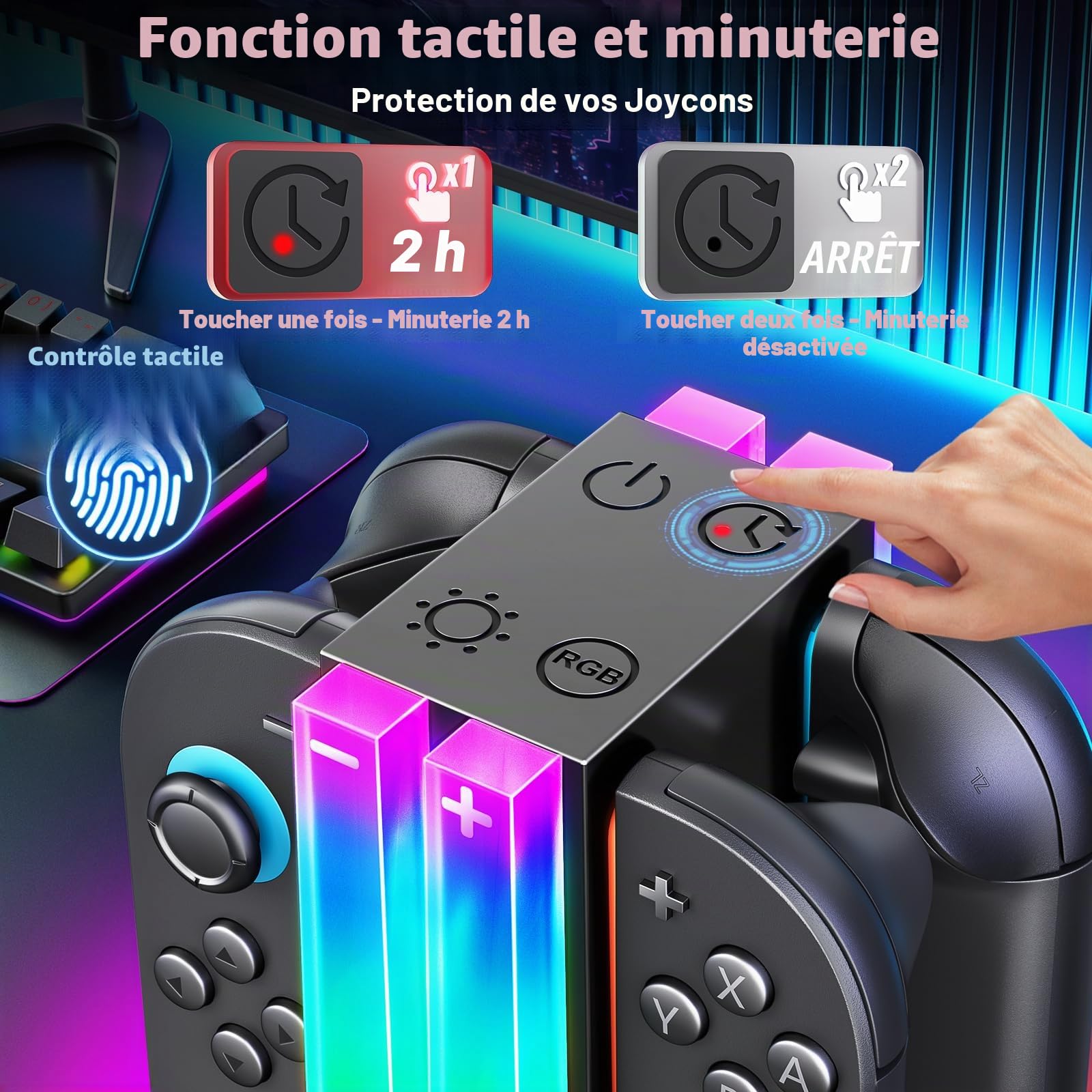 Station de Charge pour Manette Switch 2 Joy Cons, Station de Charge Compatible avec Manette Nintendo Switch 2 avec 6 Modes d'éclairage RVB et Fonction Minuterie et Contrôle de l'éclairage