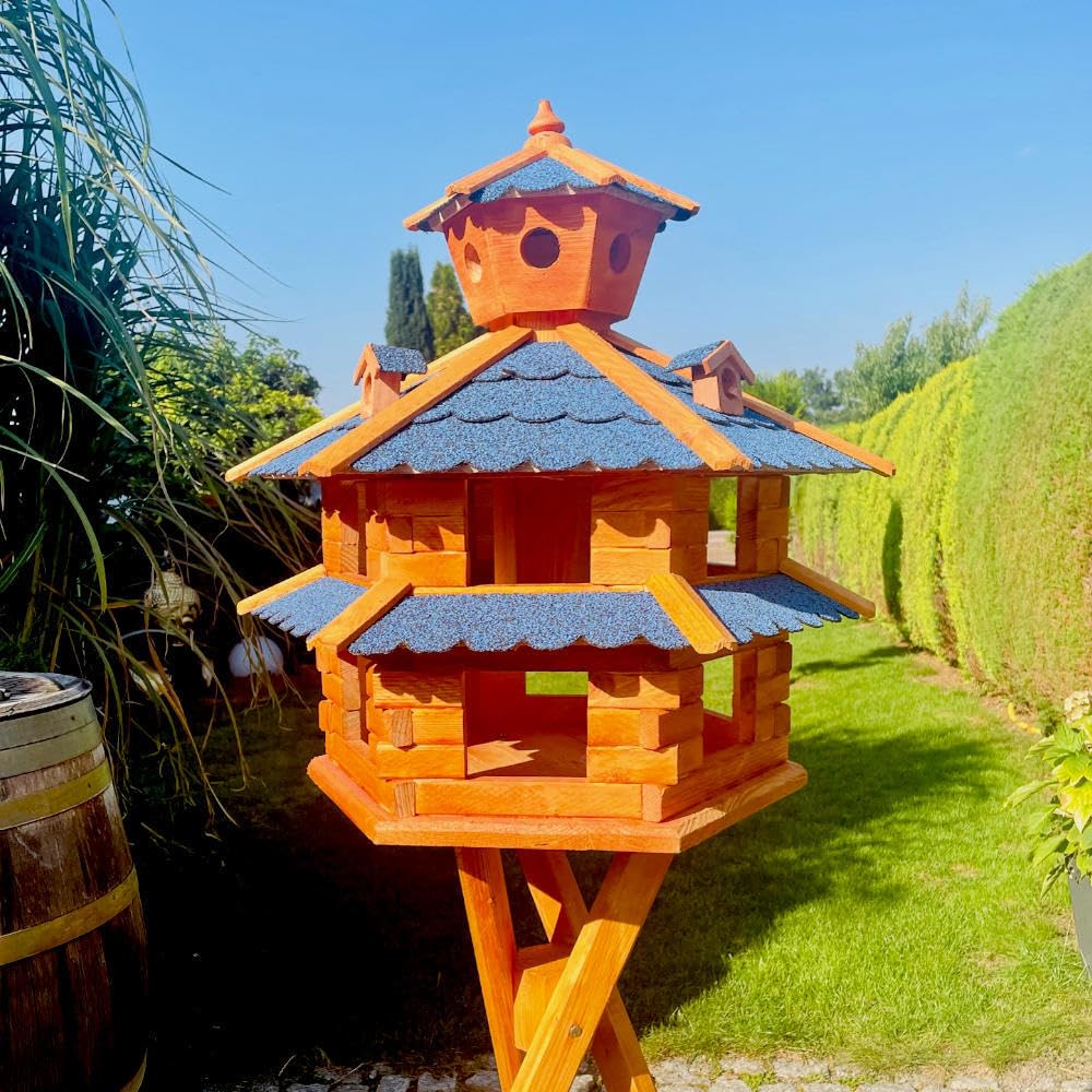Villa para pájaros resistente a la intemperie, de L a XXL, comedero, con o sin soporte, en color marrón con rojo, verde o azul, para jardín y balcón (tamaño XXL, sin soporte, azul – marrón)