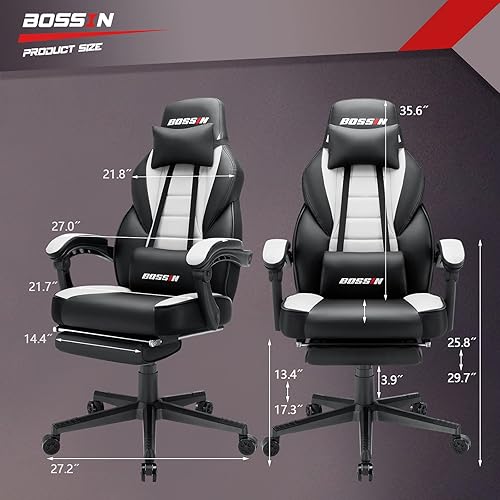 Miniatura 3 de BOSSIN Silla de juegos grande y alta con reposapiés y masaje, capacidad de peso de 400 libras, silla ergonómica resistente con asiento de gran