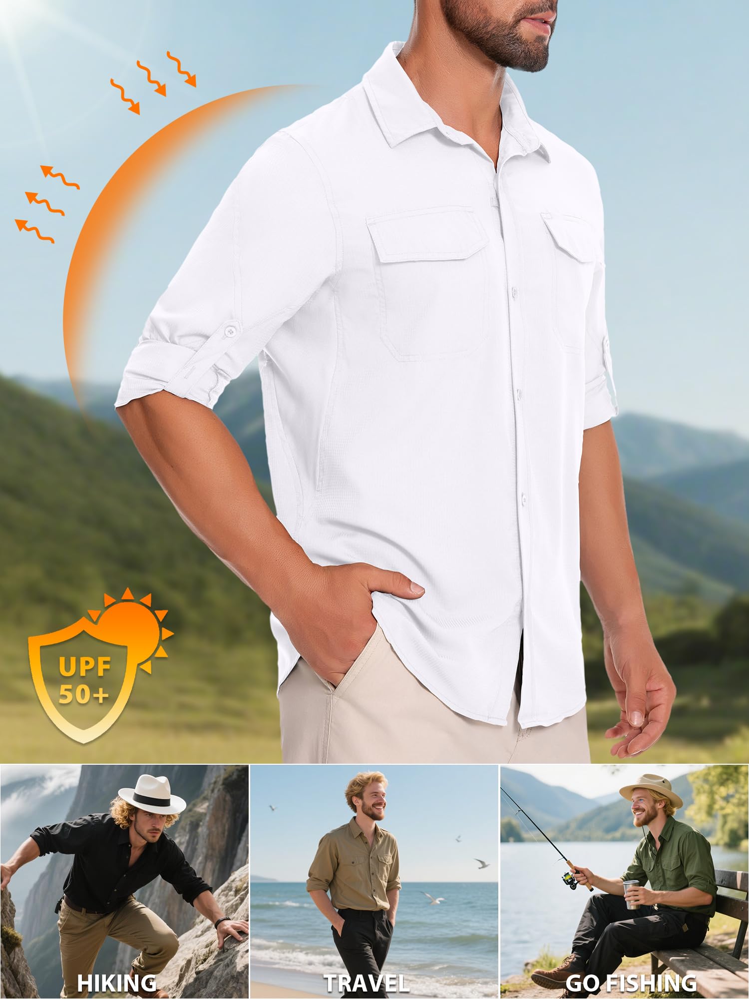 Chemise de pêche Homme UPF50+Manches Longues Anti-UV - Léger pour randonnéeChemise Sport à Boutons avec Poches zippées