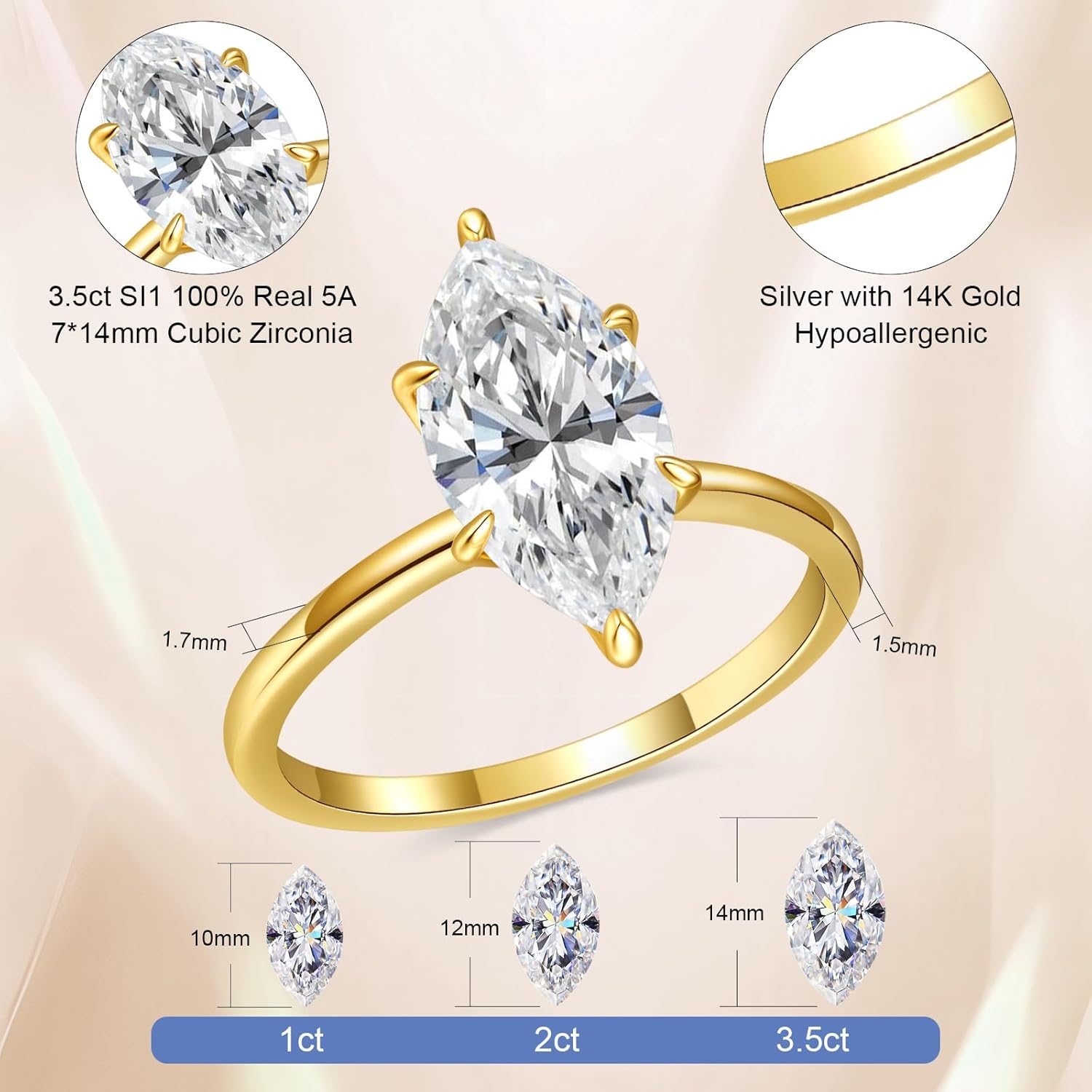 AVECON 3.5CT Marquise Cut Engagement Ring for Women, Wedding Promise Cubic Zirconia Band, 14K Gold/White Gold Plated Simulated Diamond Rings Size 5-9 - Image 3
