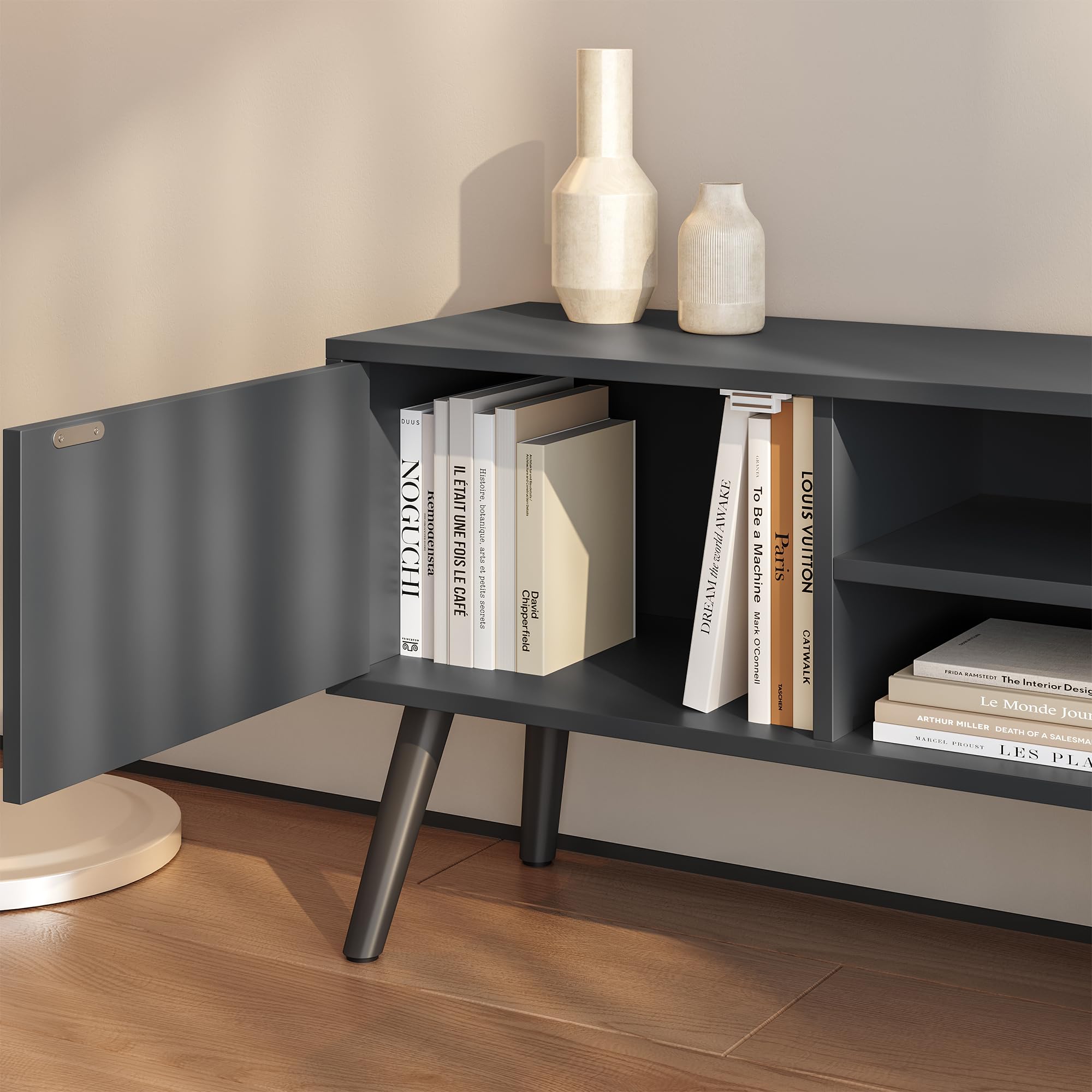 [en.casa] Mesa de Tele Eskilstuna 120 x 29,5 x 46,5 cm Soporte de Televisión Cómoda Mueble de salón para TV 2 Puertas y 2 Estantes Abiertos 5 Patas Almacenamiento Gris Oscuro y Negro