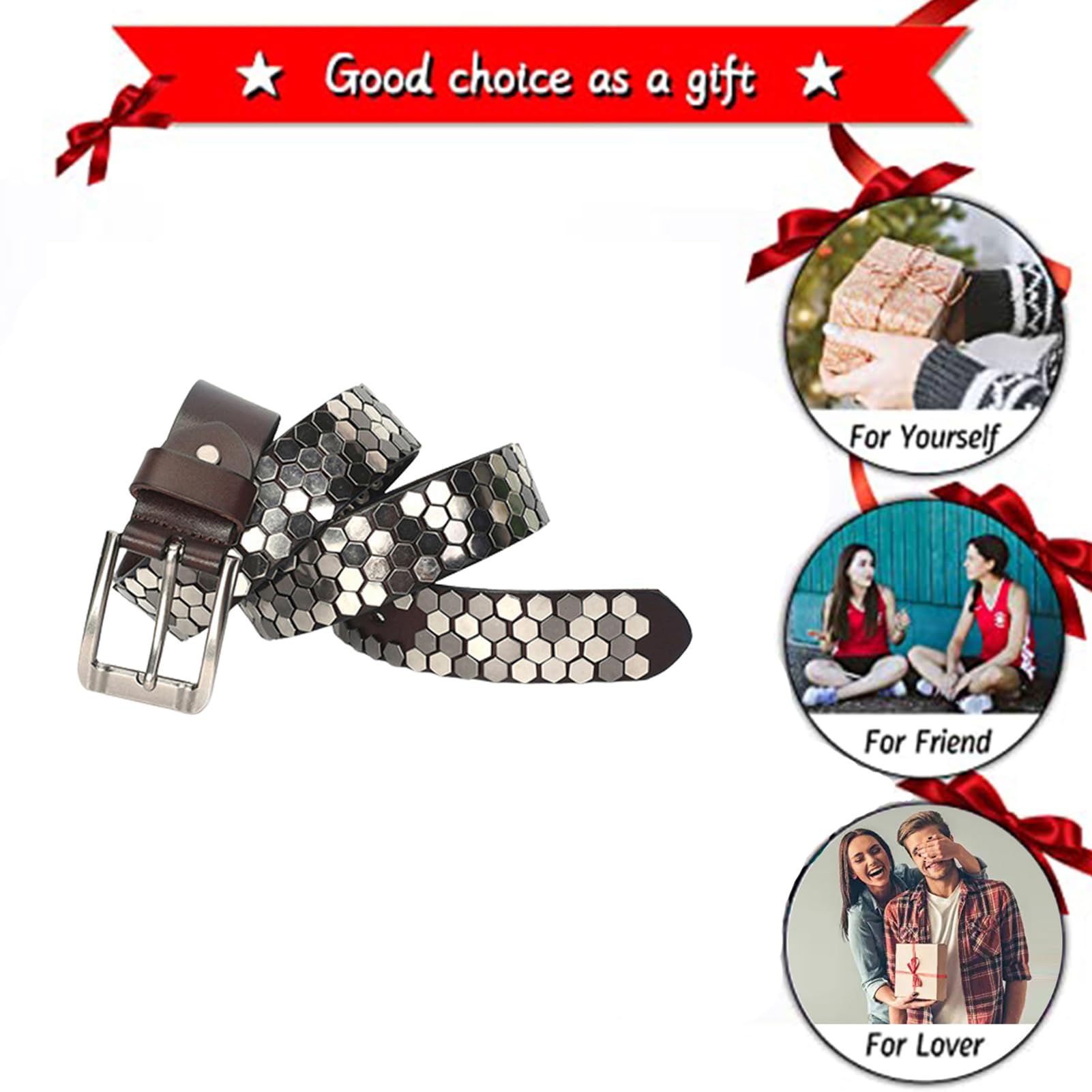 Ceinture en Cuir à Rivets Tendance Motif Clouté Style Punk Rock Boucle à Griffes Réglable Ceinture Décontractée(105cm/waist:35", Coffee)