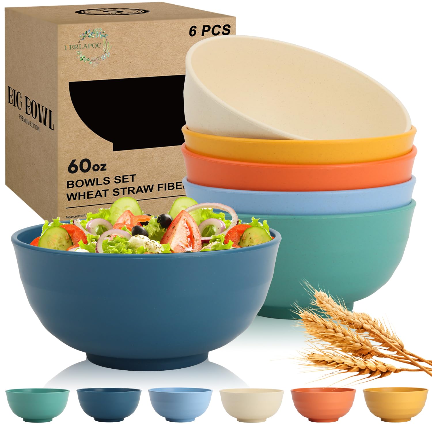 Wheat Straw Bowls 60 OZ, Unbreakable Large Salad Bowl Set of 6, Microwave and Dishwasher Safe Big Bowls for Kitchen, Camping, Picnic, RV, Serving Bowl Set for Ramen, Cereal, Soup - Multi