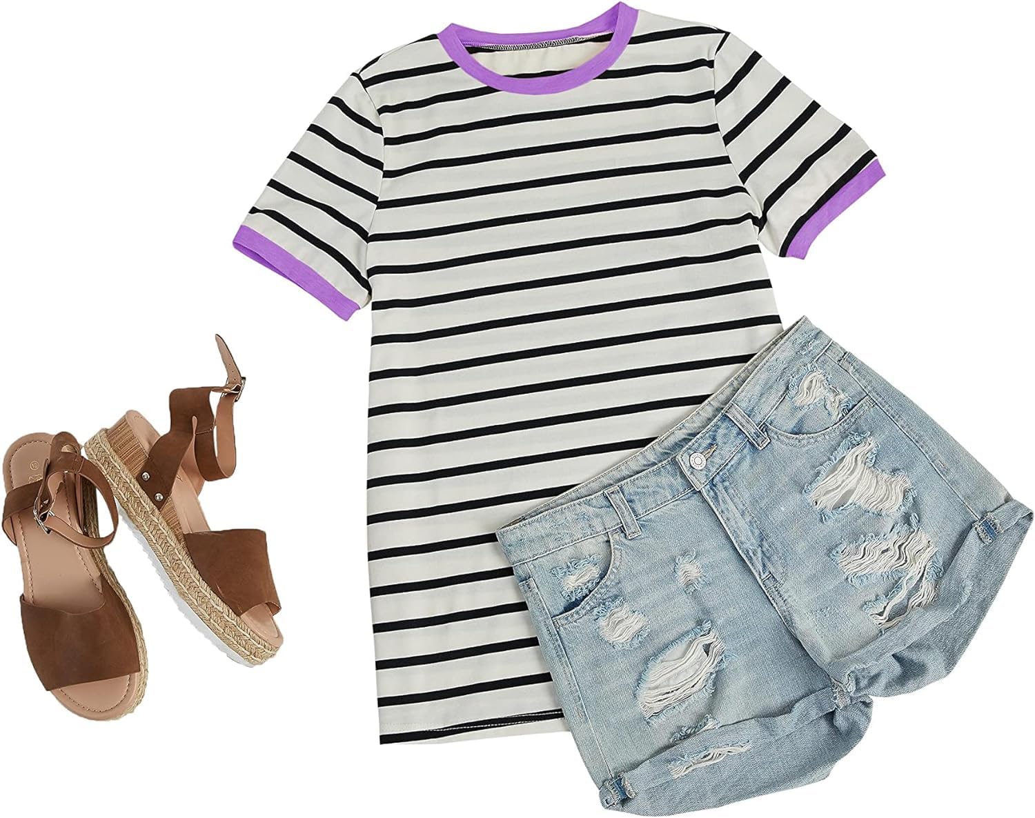 Fisoew Damska koszulka w paski, okrągły dekolt, krótki rękaw, Basic Stripe Tee Tops