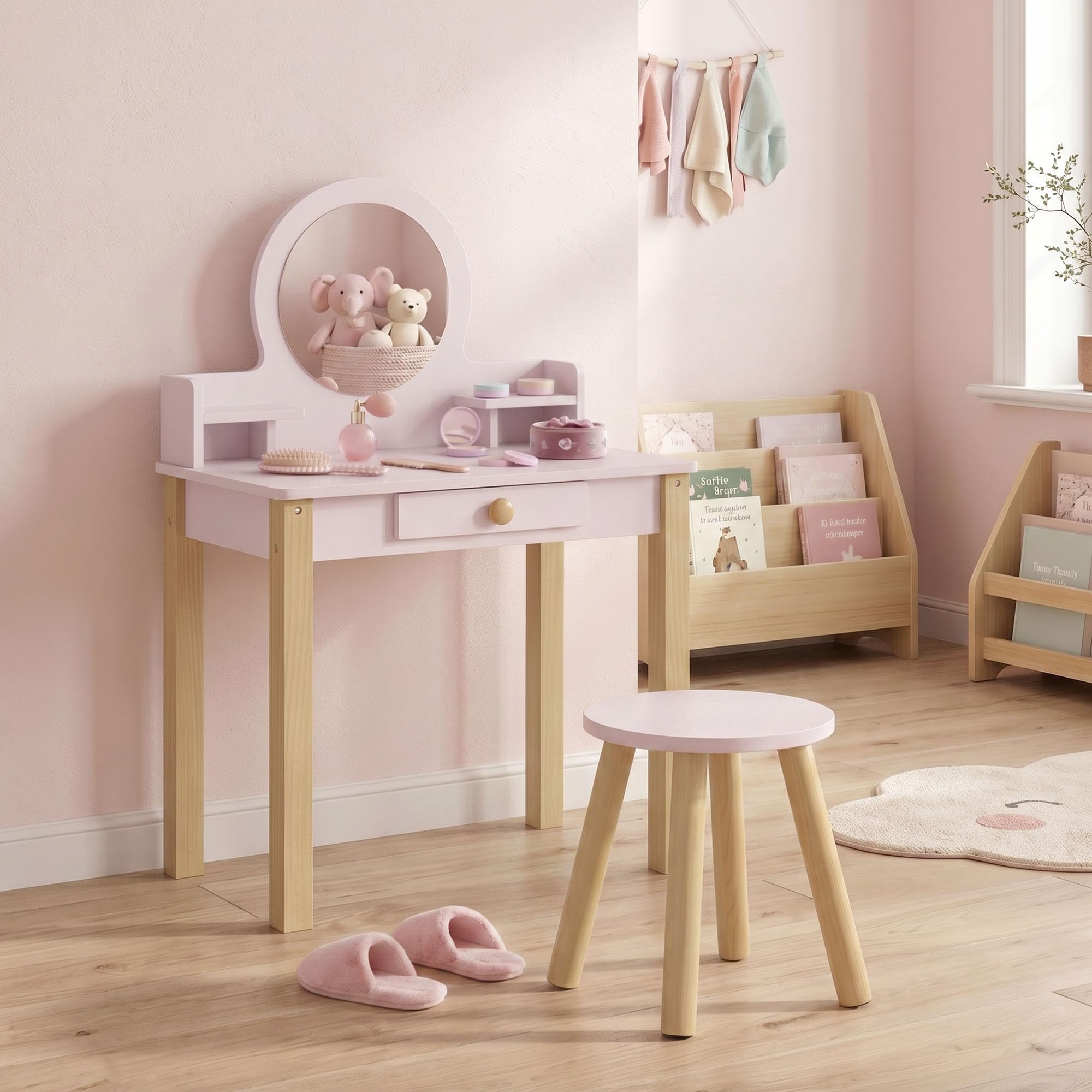AIYAPLAY Set Toeletta Trucco Bambina 2 in 1 con Sgabello 3-6 Anni Rosa | Postazione Tavolo Trucco in Legno, Specchio in Acrilico, Cassetto, 2 Ripiani, Bordi Arrotondati