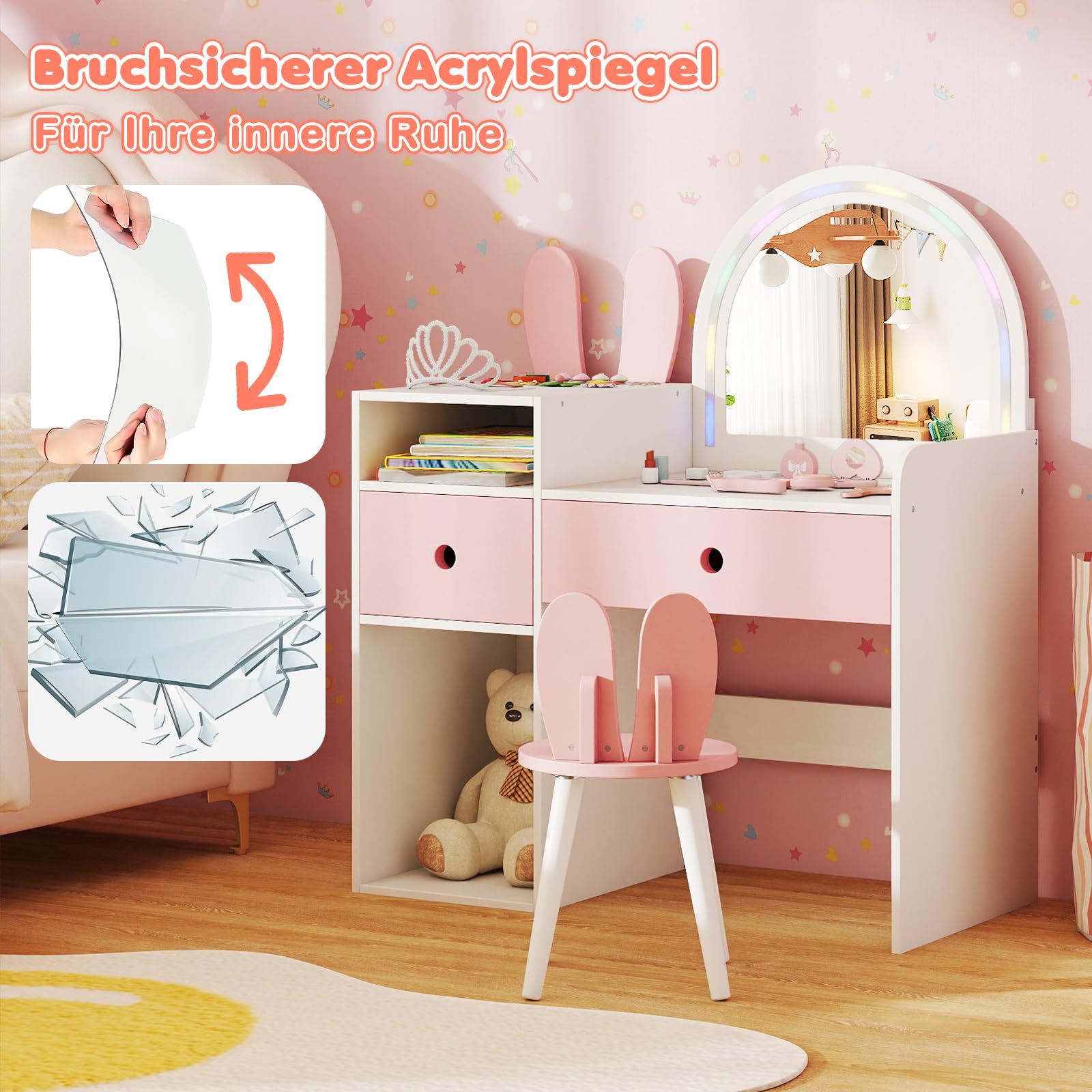 COSTWAY Kinder Schminktisch mit Beleuchtung, Frisiertisch mit bunten LED-Lichtern & Hocker, Kinderschminktisch mit 2 Schubladen, offenen Fächern, Kosmetiktisch für Mädchen ab 3 Jahren (Weiß+Rosa)