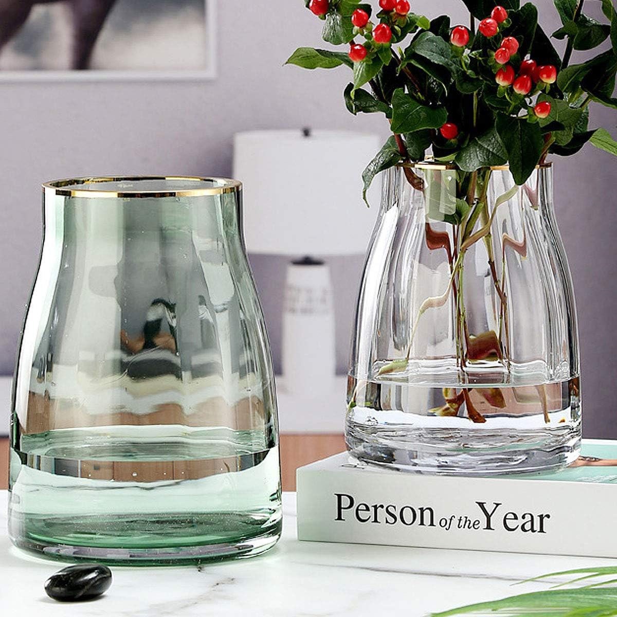 VanEnjoy 7 inch Green Clear Simple Green Glass Flower Vase, Decorative Gilded Rim Vase Home Decor for Indoor Centerpiece - Image 3