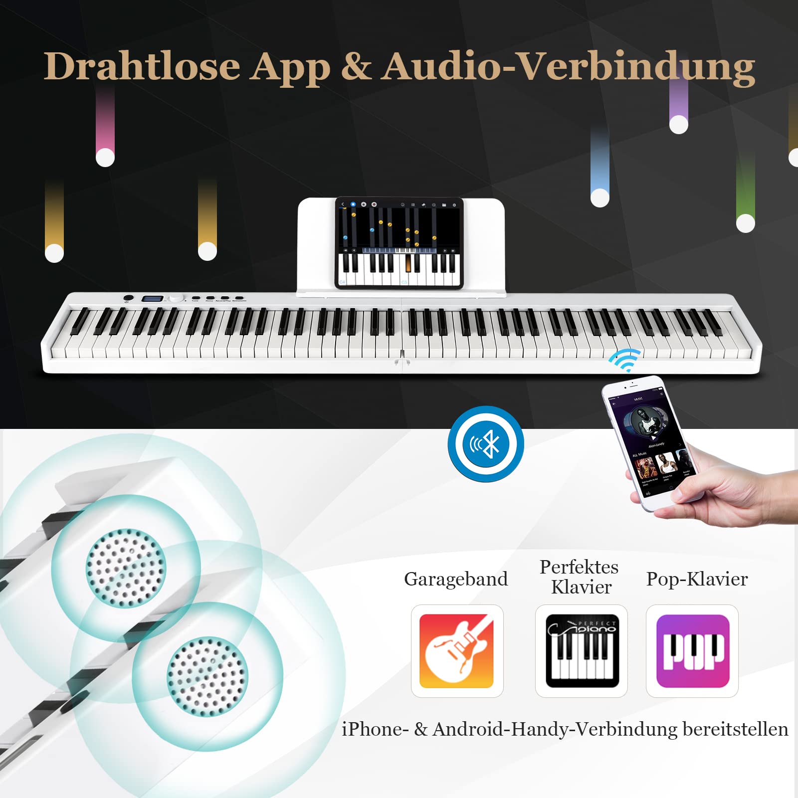 COSTWAY 88 Tastatur Elektroklavier faltbar, Digitale Keyboard tragbar (128 Rhythmen, 128 Töne und 20 Demos) Digitalpiano Set für Kinder und Erwachsene (Weiß)