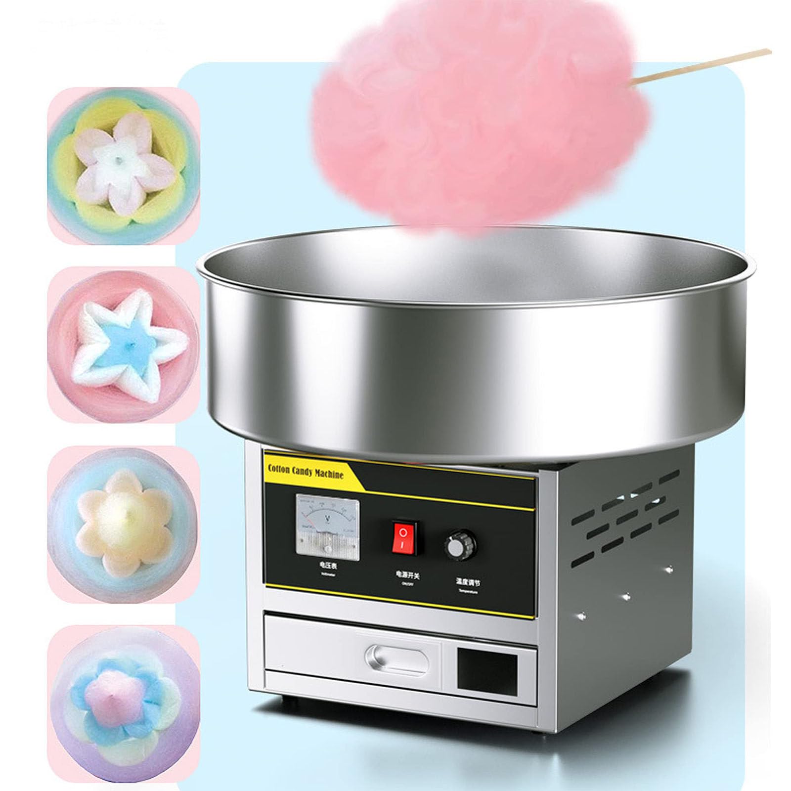 Máquina Eléctrica Comercial Algodón Caramelo, Máquina Algodón Azúcar DIY 1200 W, Control Termostato para Hacer Dulces Fiestas Cumpleaños,Silver