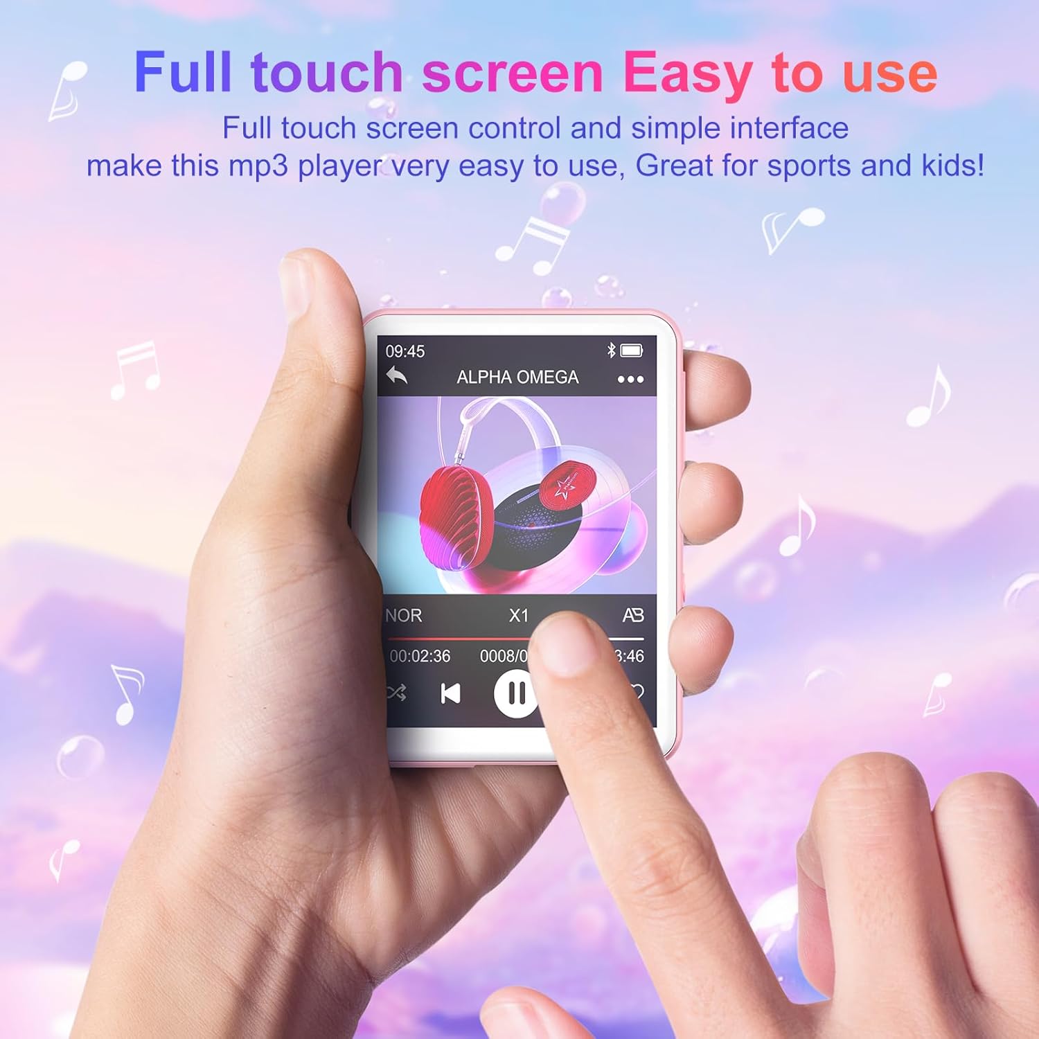 A hand interacting with the touch screen of the Oilsky M1 MP3 player, showing music playback controls.