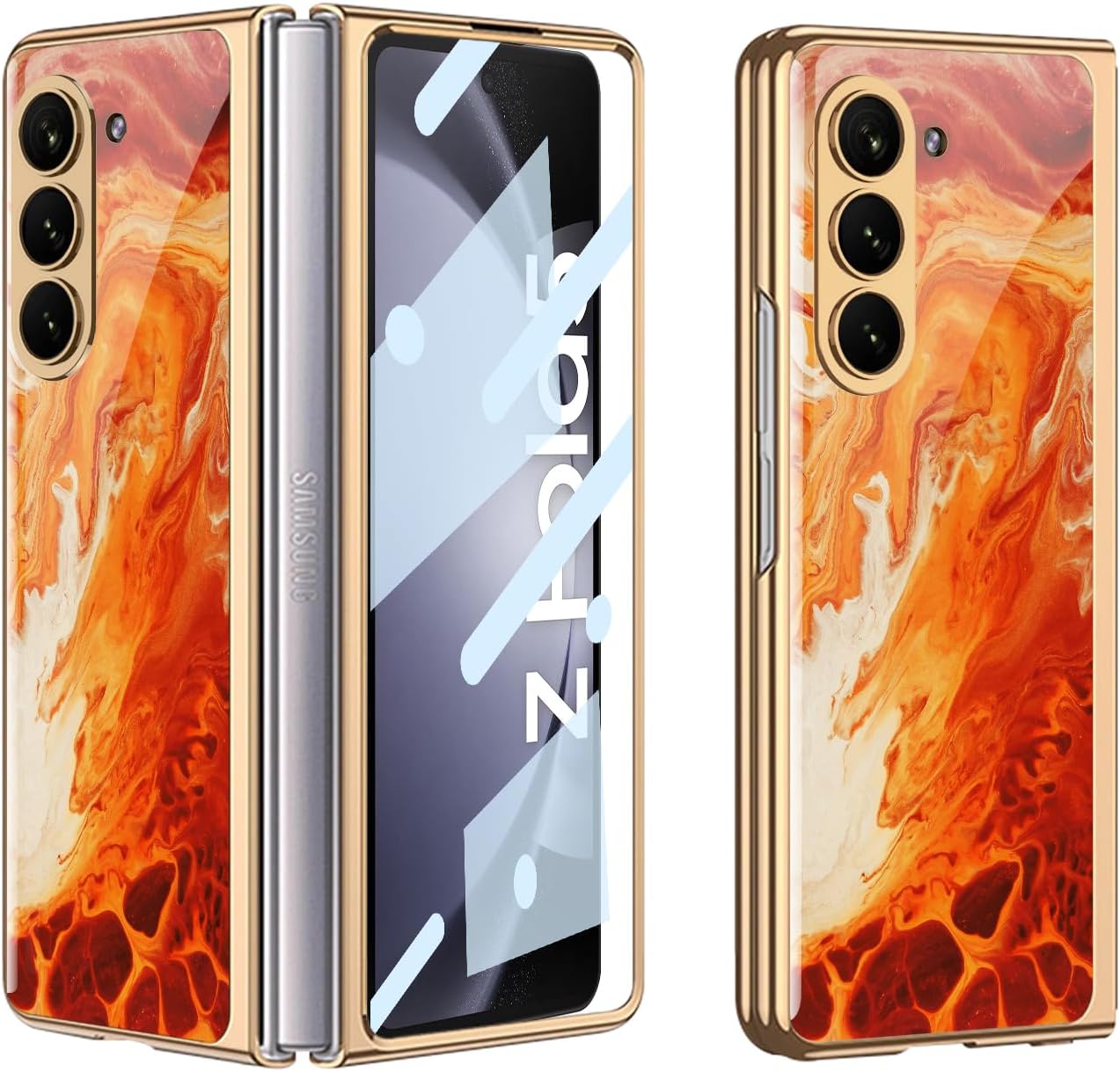 Galaxy Z Fold 5 Case - Stylish Electroplated Frame with Patterned Glass, Built-in Screen Protector Compatible with Samsung Galaxy Z Fold 5 Case, Agate Red