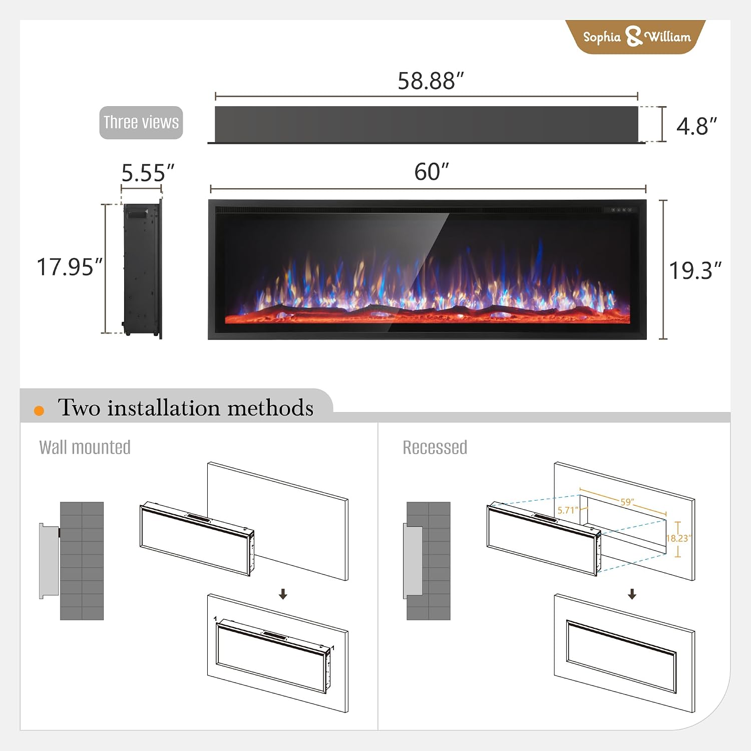 Sophia & William 60 Inch Electric Fireplace Wall Mounted, Fireplace Heater with Remote Control, Ultra Narrow Bezel for Living Room