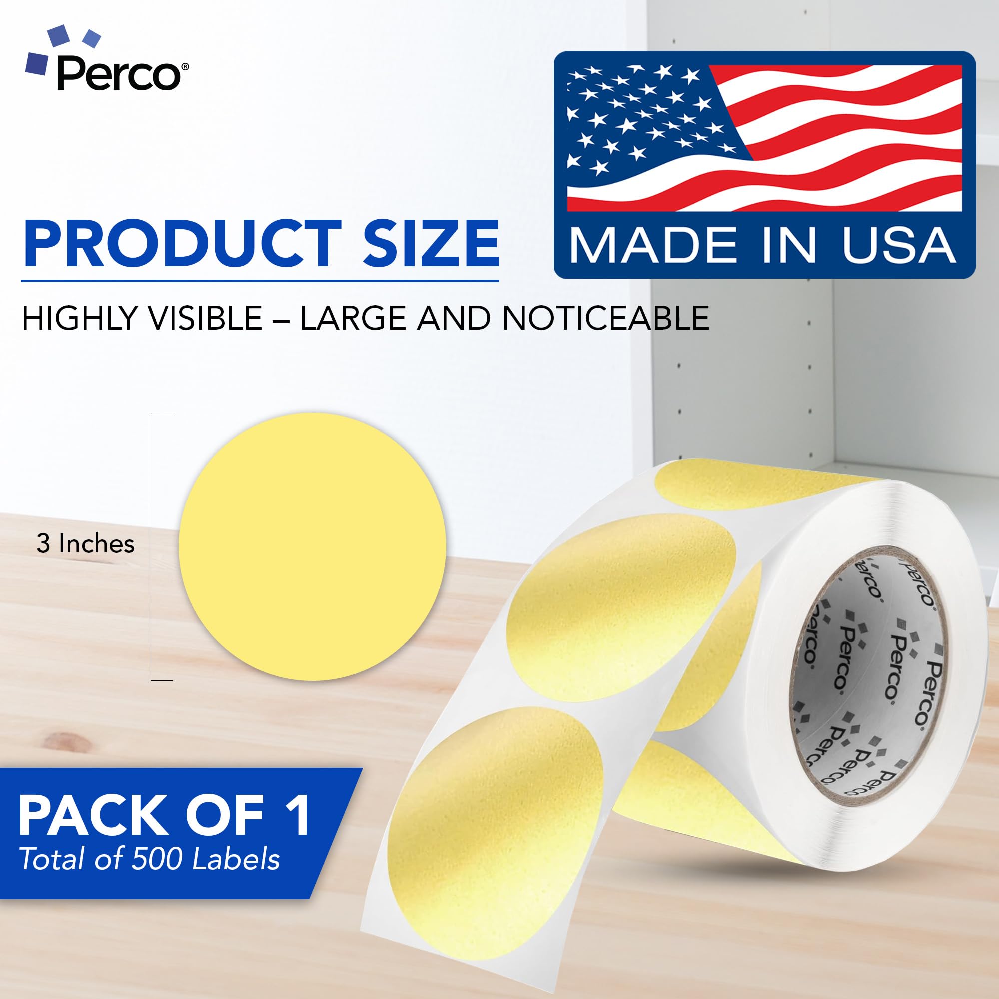 Perco Etichette adesive rotonde dorate, 7,6 cm, con adesivo permanente, 500 etichette per rotolo, colori vivaci, forte adesione