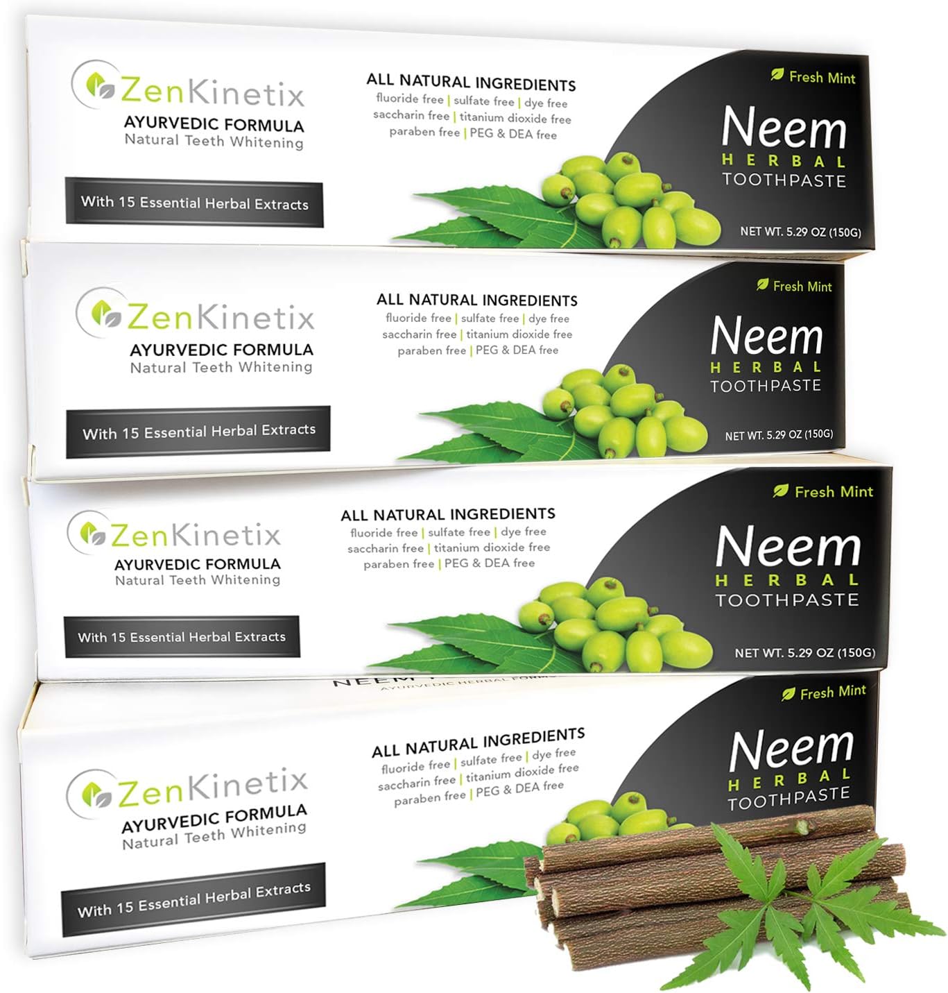 ZenKinetix Neem Herbal Toothpaste - Natural Teeth Whitening, Vegan, Ayurvedic, Fluoride Free, SLS Free, Gluten Free, Mint Flavor, 5.29 oz, 4-Pack