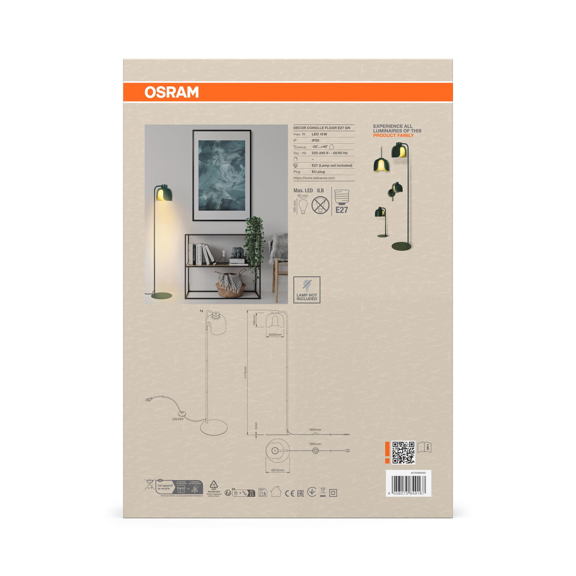 OSRAM Lámpara de pie DECOR Corolle E27 Verde Metal Vidrio | Decor Corolle, Ambient Mood Light, Verde, 270 mm dia, Paquete de 1
