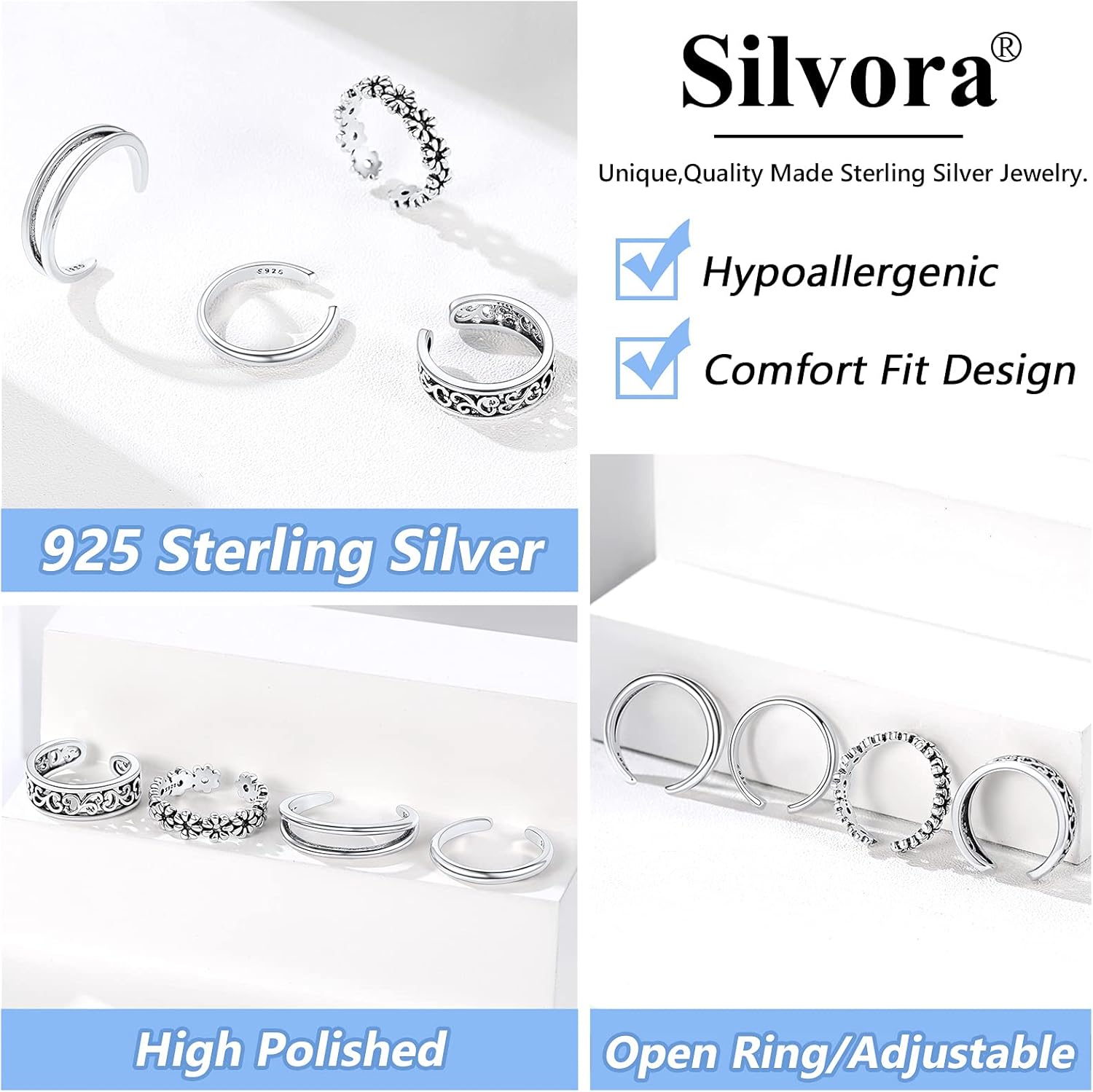 Adjustable Silver Toe Ring Set for Women 4 PCS, Knuckle Tail Ring Simple Open Band Fingers Joint Hypoallergenic Sandals Foot Jewelry