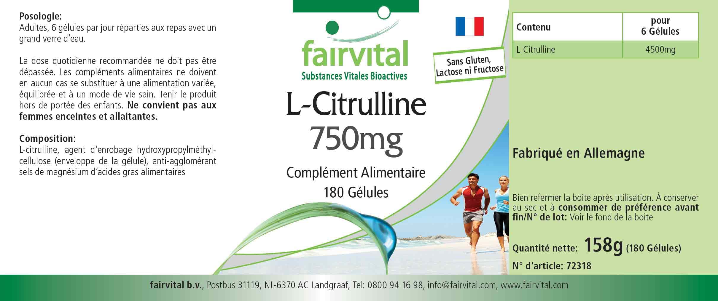 fairvital L-citrulline en gélules de 750mg, HAUTE DOSÉE, VÉGÉTALIENNE, 180 gélules