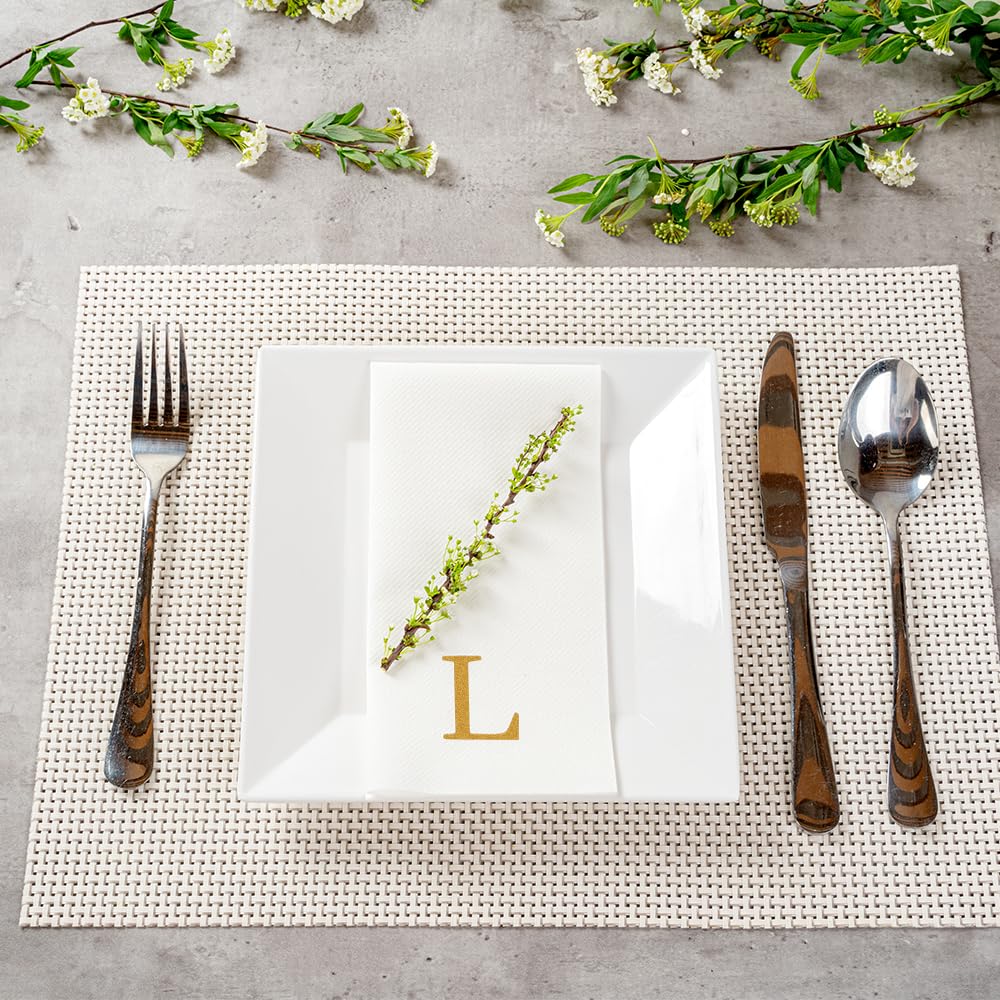 Luxenap - Toallas de invitados de 15.8 x 7.9 pulgadas, 50 toallas de mano con letras doradas, letra "L", letra Sans Serif, servilletas de papel blanco, airlaid, para baños y mesas