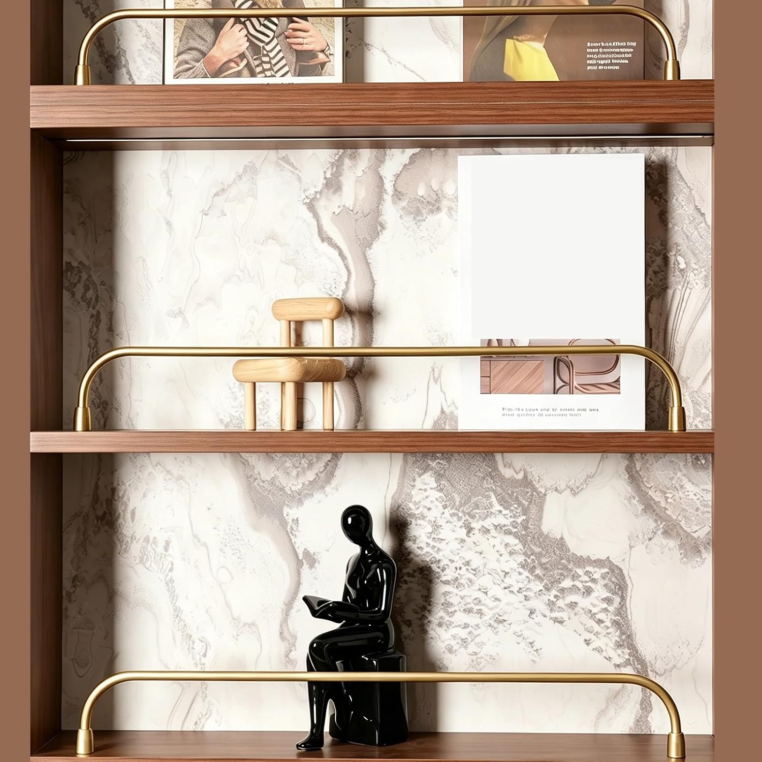 Set of 3 Gold Metal Shelf Guard Rails with Hardware - 12in Tipping Fence for Magazine Display, Prevents Falls & Enhances Decor, Ideal for Home & Office Use