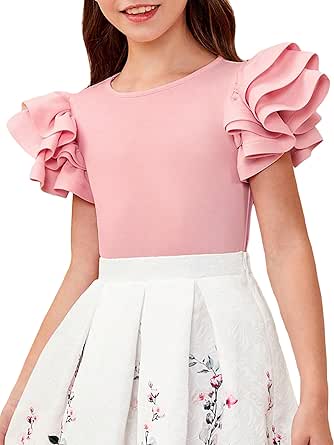 WDIRARA Girl's Mesh Short Puff Sleeve Square Neck High Waist Flared Hem Zipper A Line Dress Light Pink 6Y