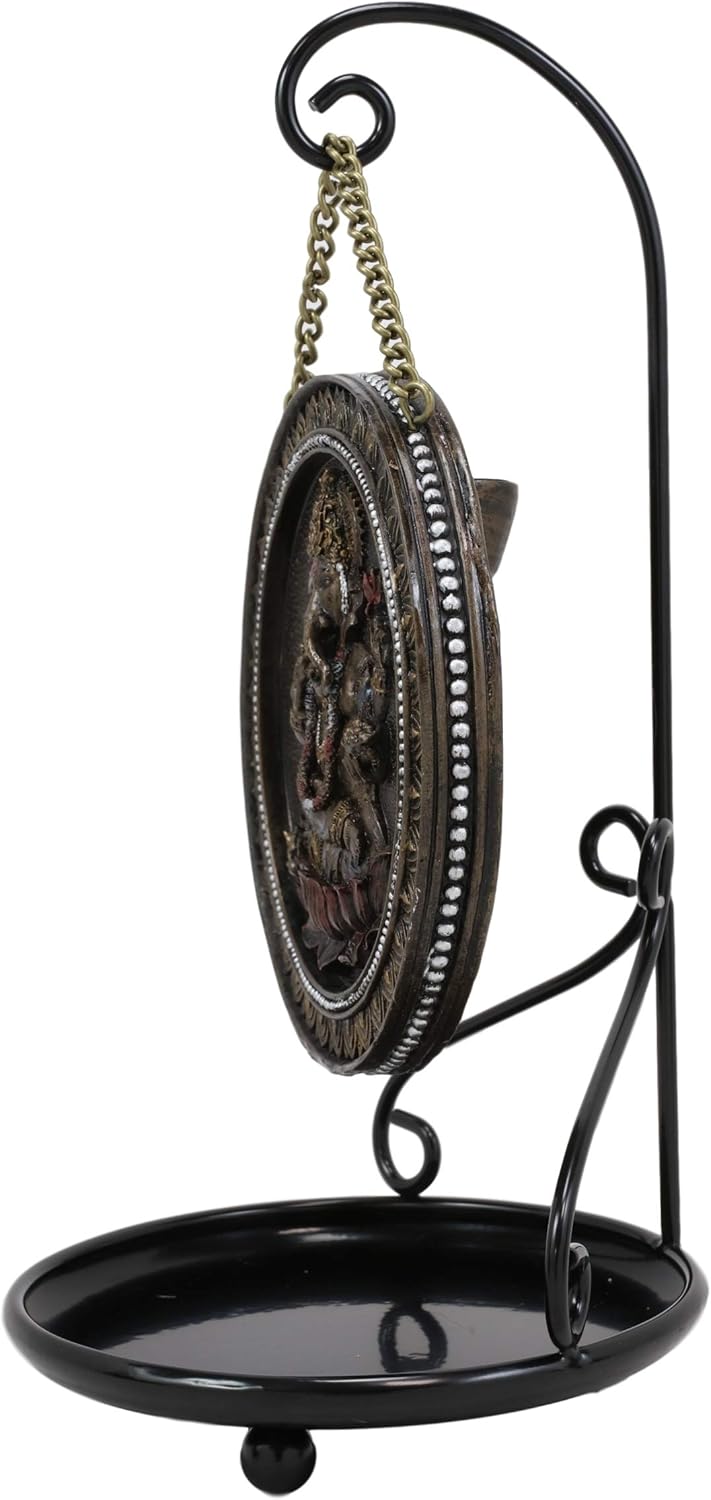Ebros Gift Hindu God of Prosperity Ganesha Seated On Lotus Throne Round Medallion Disk Backflow Incense Cone Holder Burner Figurine Hanging On Display Stand Home Fragrance Tabletop Altar Decor
