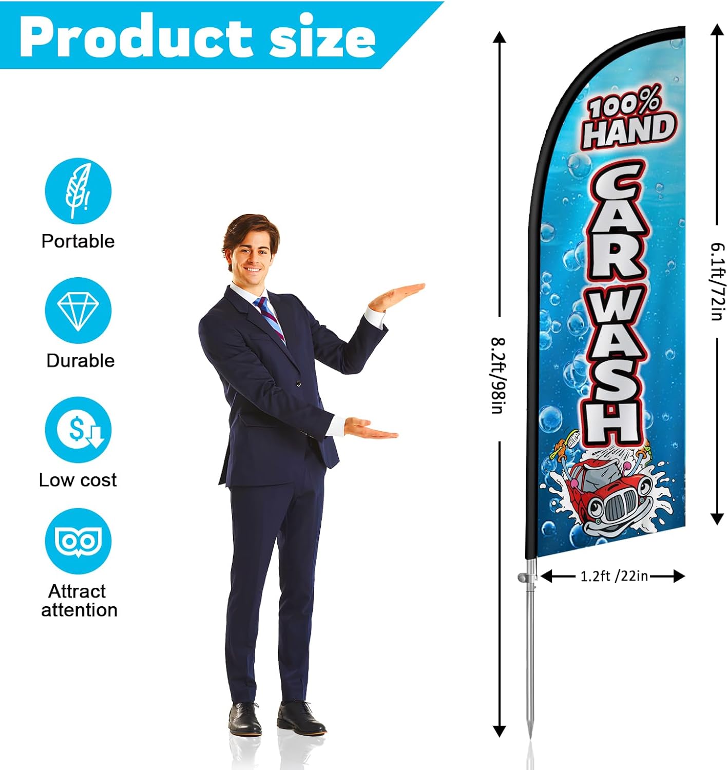 100% Hand Car Wash Flag, 8FT Polyester Swooper Flag with Aluminium Alloy Flag Pole Kit, Stainless Steel Ground Spike, Portable Bag