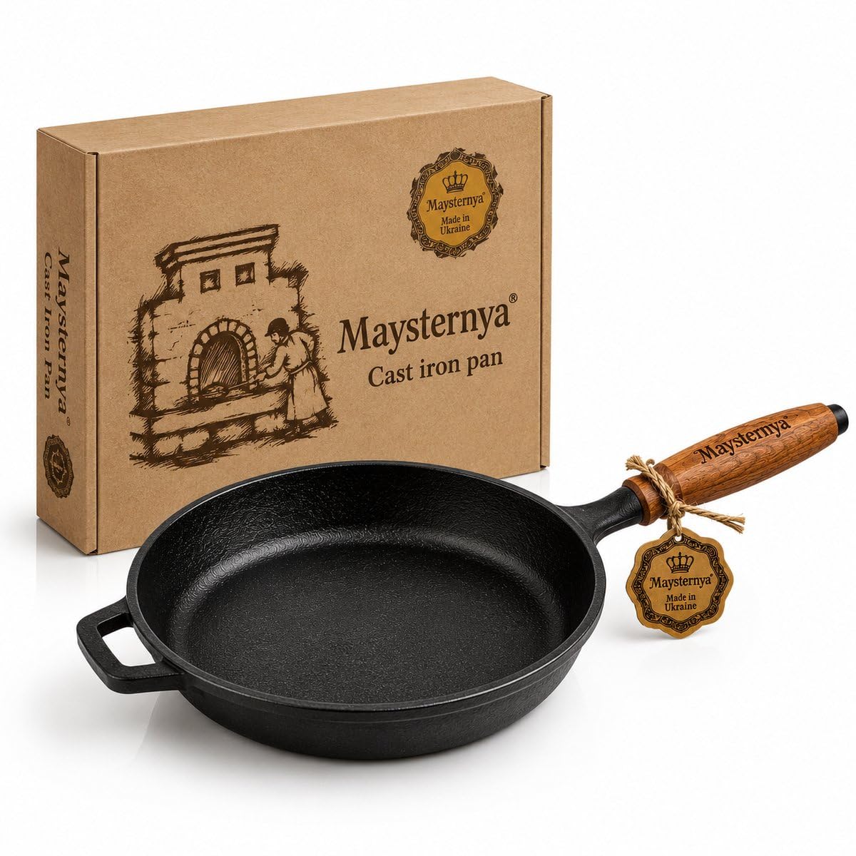 Sartén de Hierro Fundido Ø24 cm con Mango de Madera – Apta para Inducción, Horno y BBQ – Sin PFAS – Distribución Uniforme del Calor – Negra