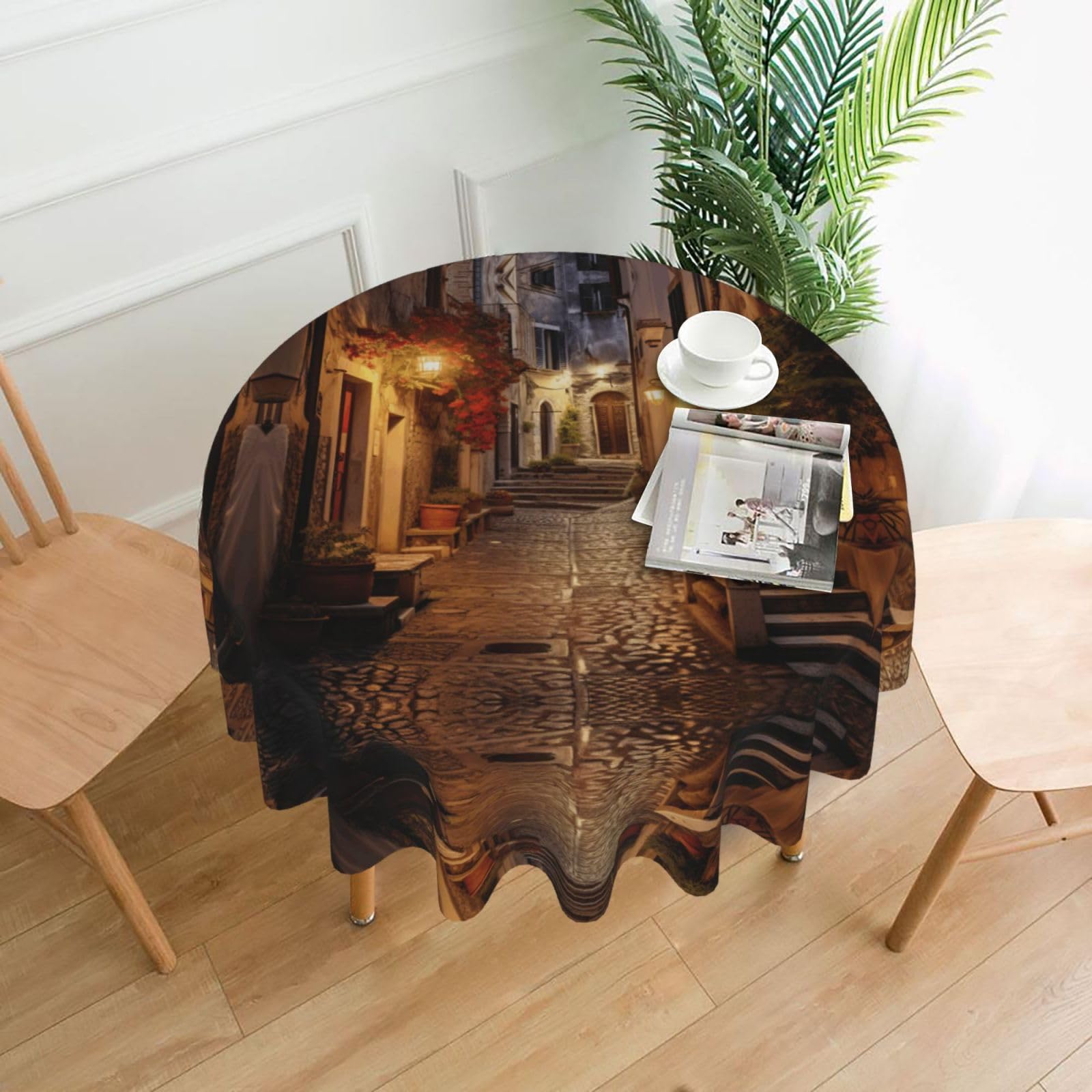 SDEGTHO Italian Old Street Print Modern Retro Round Tablecloth 60in Polyester Fabric Cover for Party Dining Table Washable