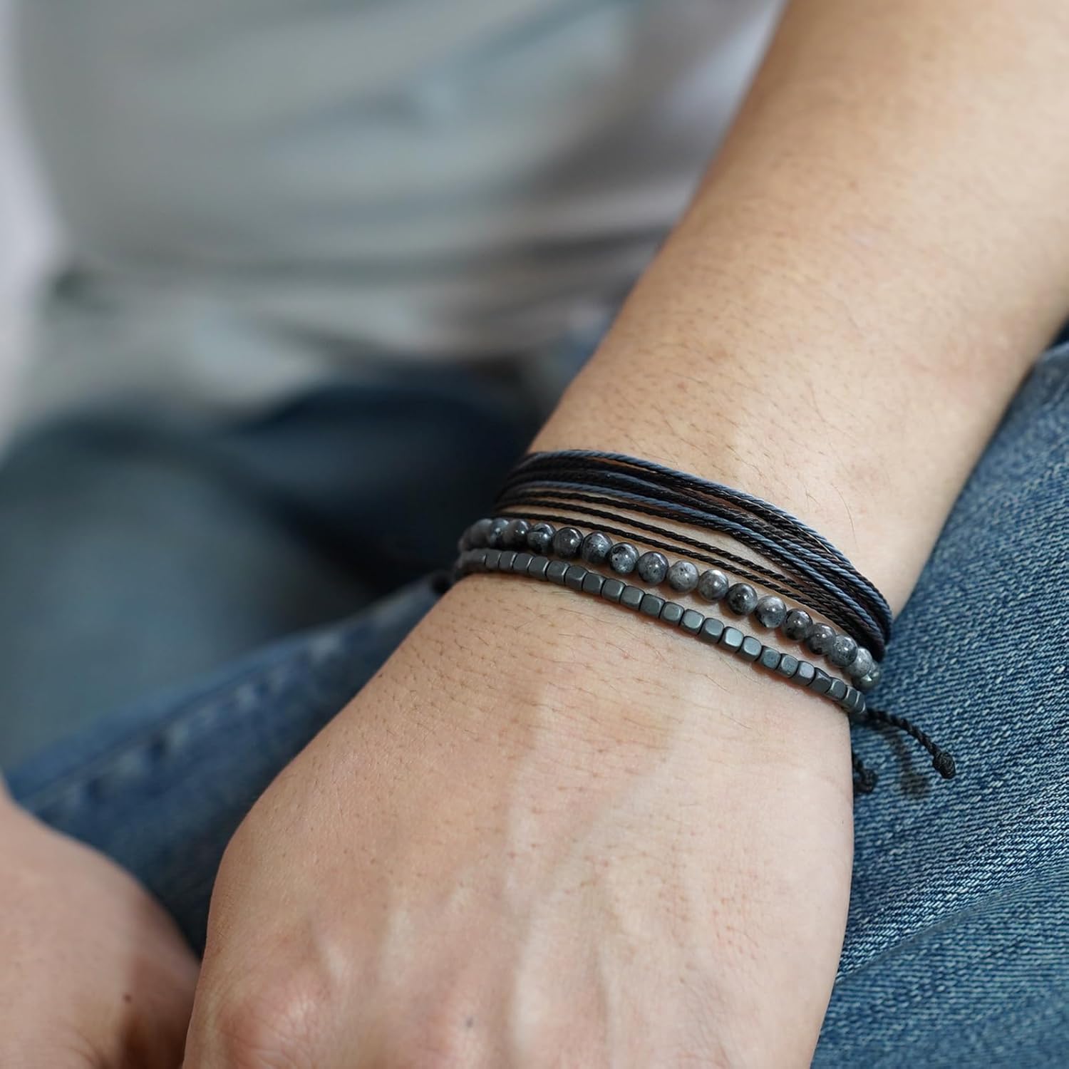 Handmade Natural Stone Beaded & Hematite Healing Bracelet Gift for Men-Set of 3 Stackable Adjustable Waterproof String Rope Bracelets - Image 3