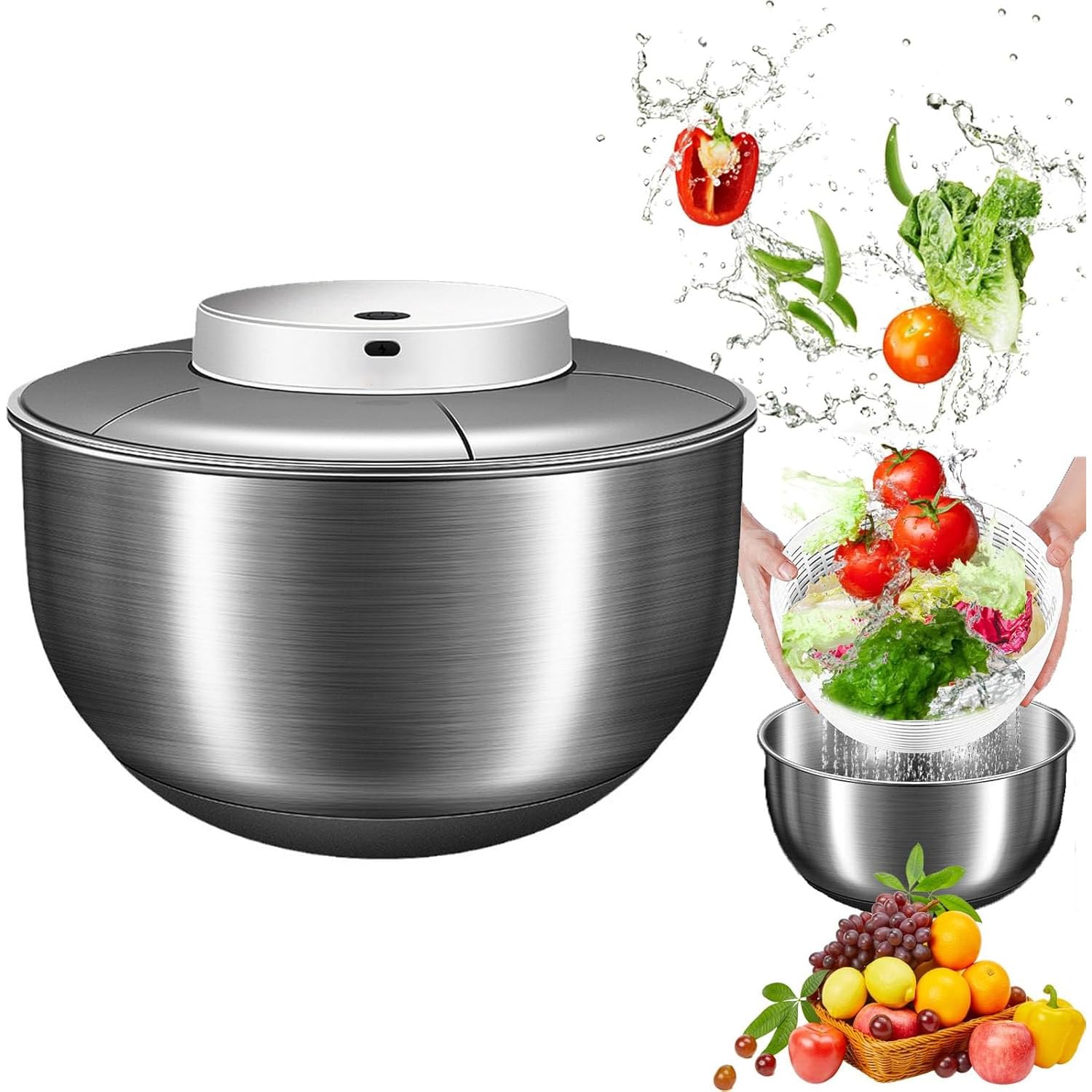 Centrifuga elettrica per insalata, 4,5 l, in acciaio inox, ricaricabile tramite USB, facile da pulire, per insalata fresca, lattuga, frutta e verdura