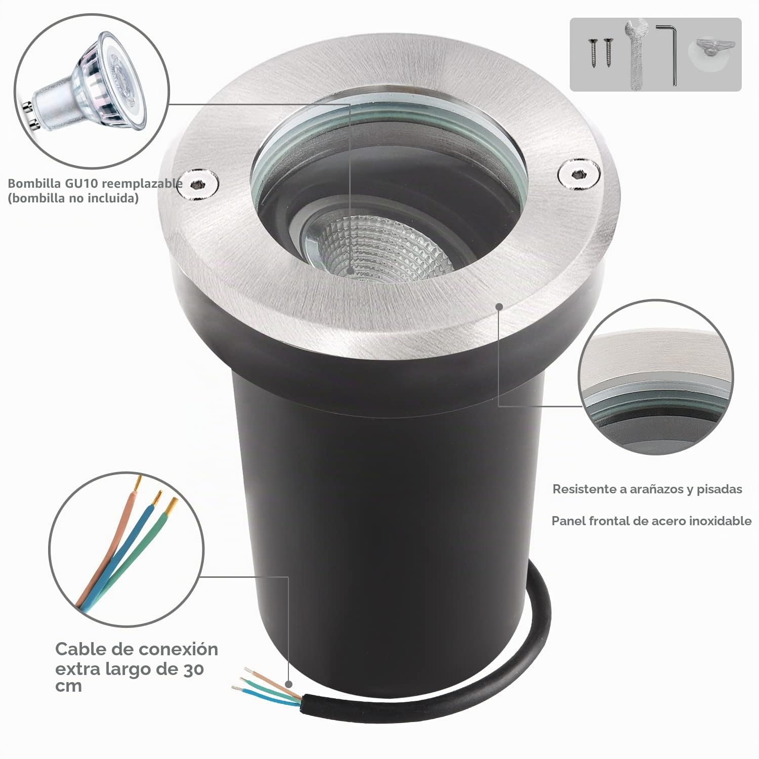 Foco led orientable para empotrar en el suelo para GU10, IP67 Foco empotrable para suelo redondo, 230V foco exterior transitable para césped, plataforma, balcones, 30cm cable preinstalado