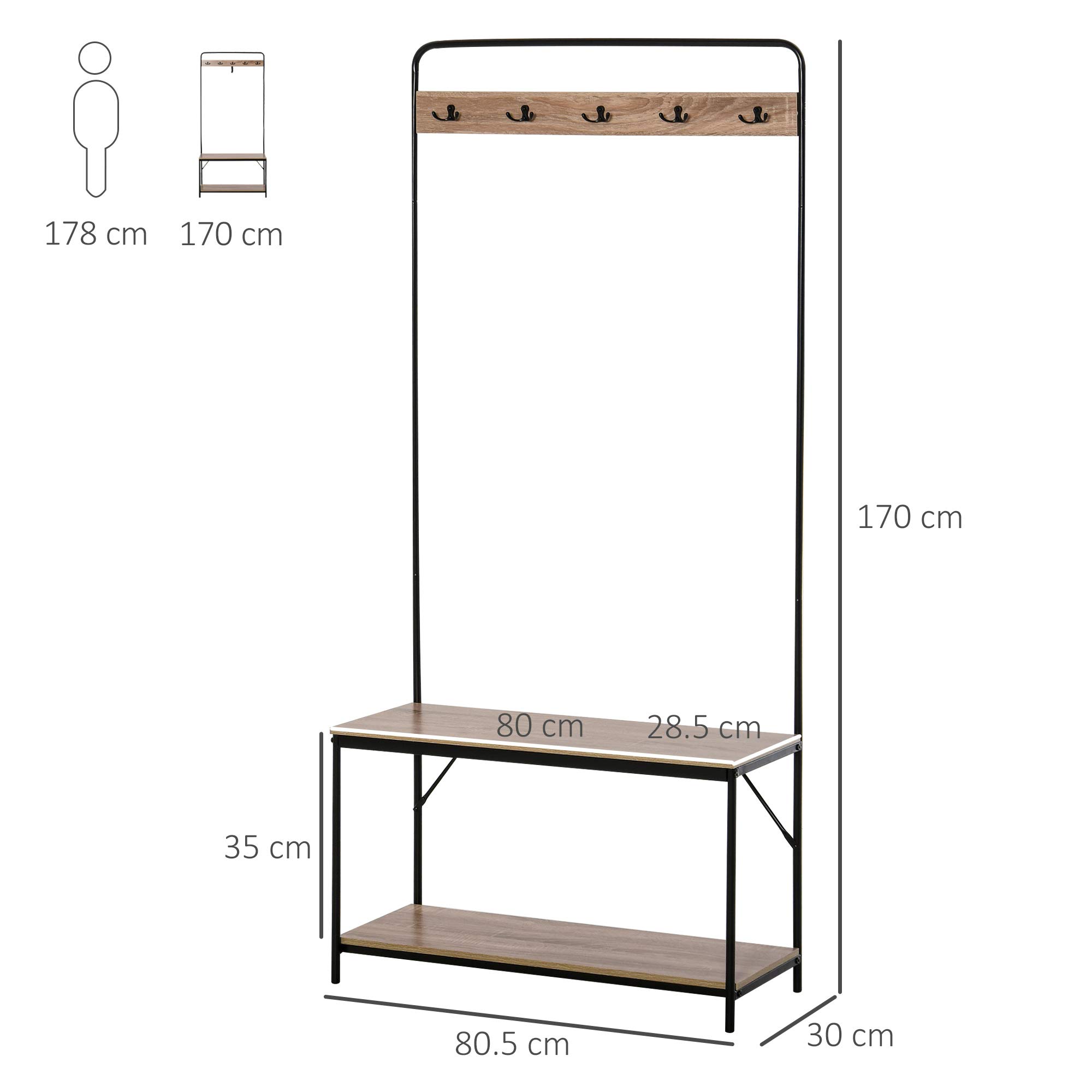HOMCOM 3 in 1 Appendiabiti con Panca e Scarpiera, 80.5x30x170 cm, Nero | Stile Industriale, Mobile per Ingresso Vintage, Legno e Acciaio