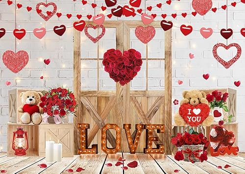 LTLYH 7x5ft Valentine's Day Photography Backdrops White Brick Wall Wood Door and Red Rose Flower Love Heart Background Birthday Baby Shower Party Decorations Portrait Photo Booth 249