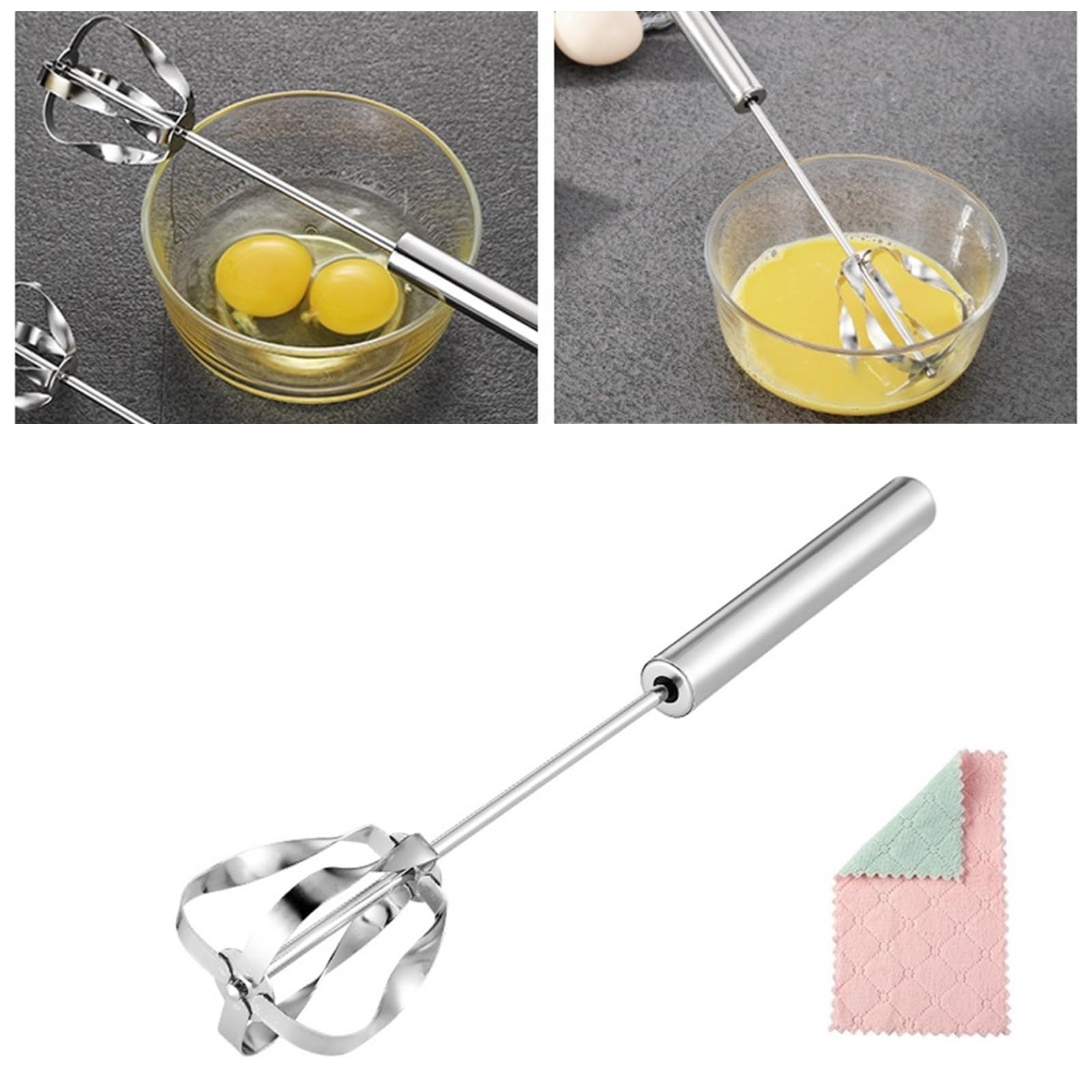 2025 New Stainless Steel Semi-Automatic Whisk with Cleaning Cloth, Wisking Tool Stainless, Multifunctional Egg Beater for Cooking Kitchen Household