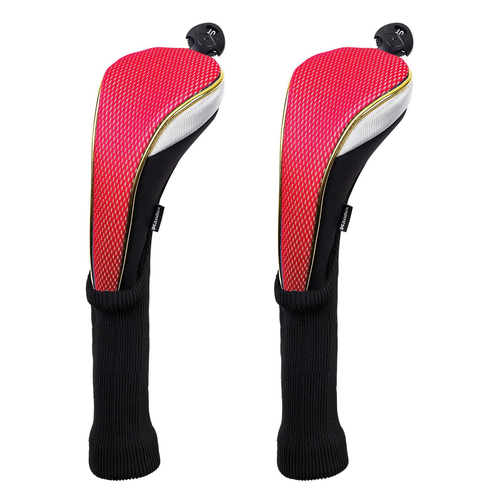 Andux 2Pcs/Set Long Neck Gold Golf Hybrids Club Head Covers with Dial No. Tag MT/HY13 (Red) — image 1