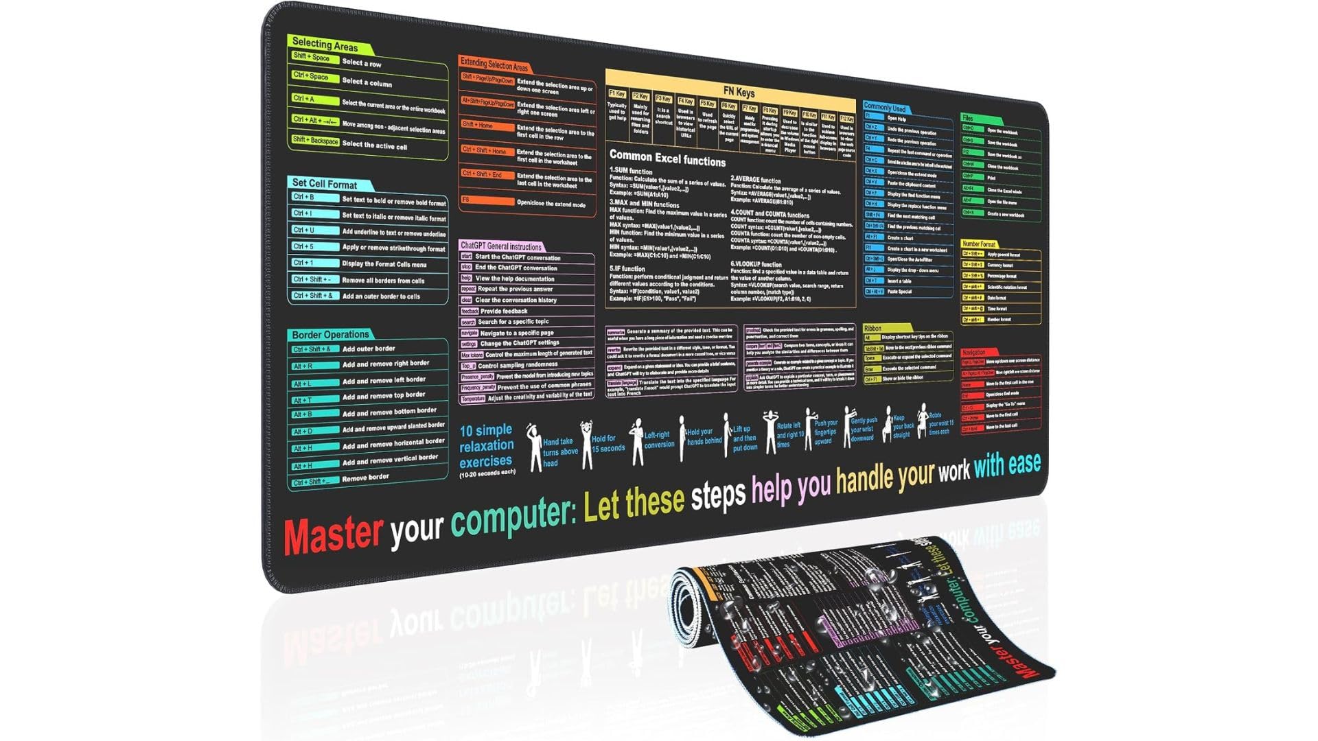 Excel Shortcut Keys Mouse Pad – XL Extended Large Cheat Sheet Desk Mat | Office & Gaming Spreadsheet Keyboard Mat | Non-Slip Base & Stitched Edge