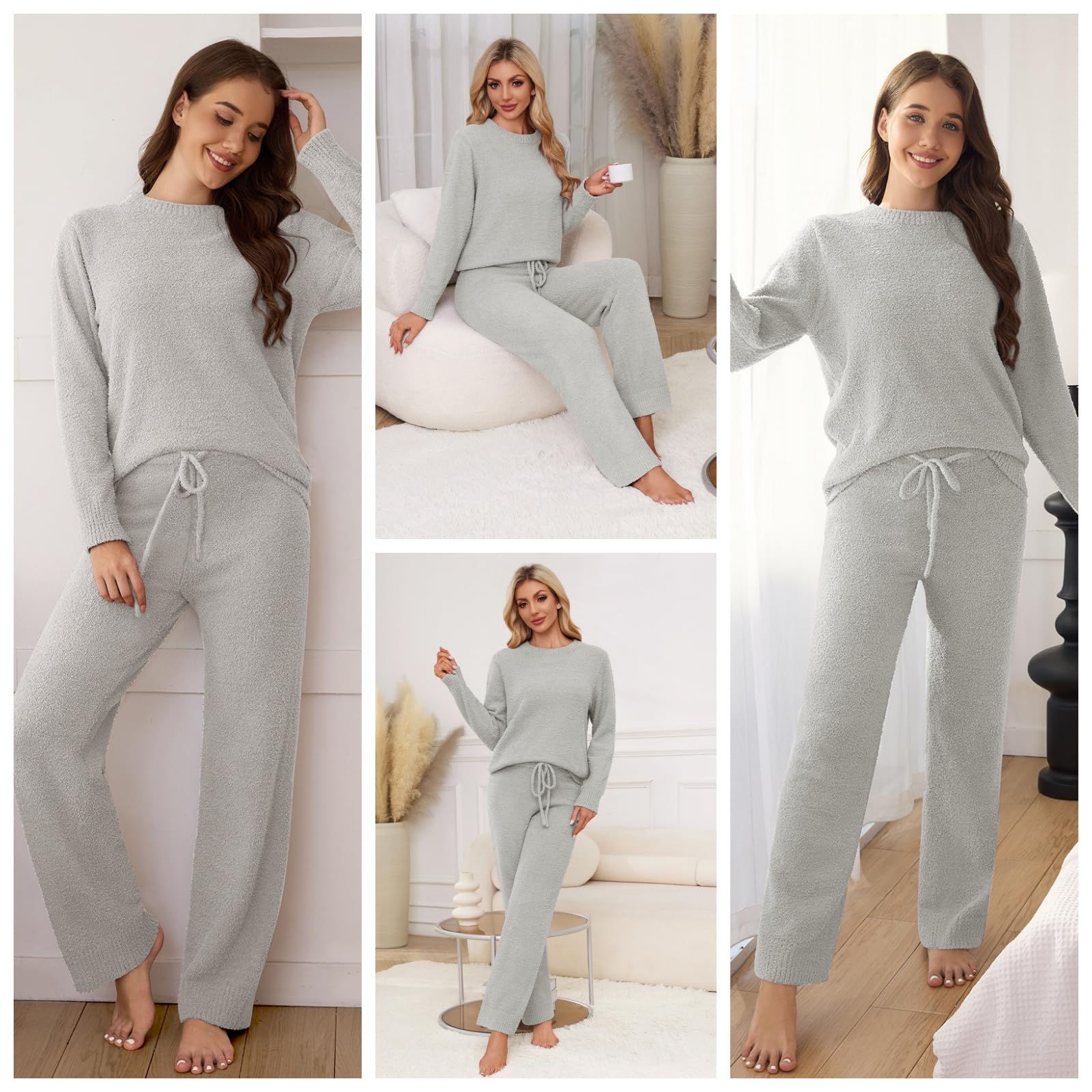 Pijama Mujer Invierno Polar Otoño Conjunto Punto Conjunto de Pijama de Navidad Chandal Completo Ropa de Dormir 2 Piezas Pjs Pullover Jersey Cuello Redondo y Pantalones de Salón